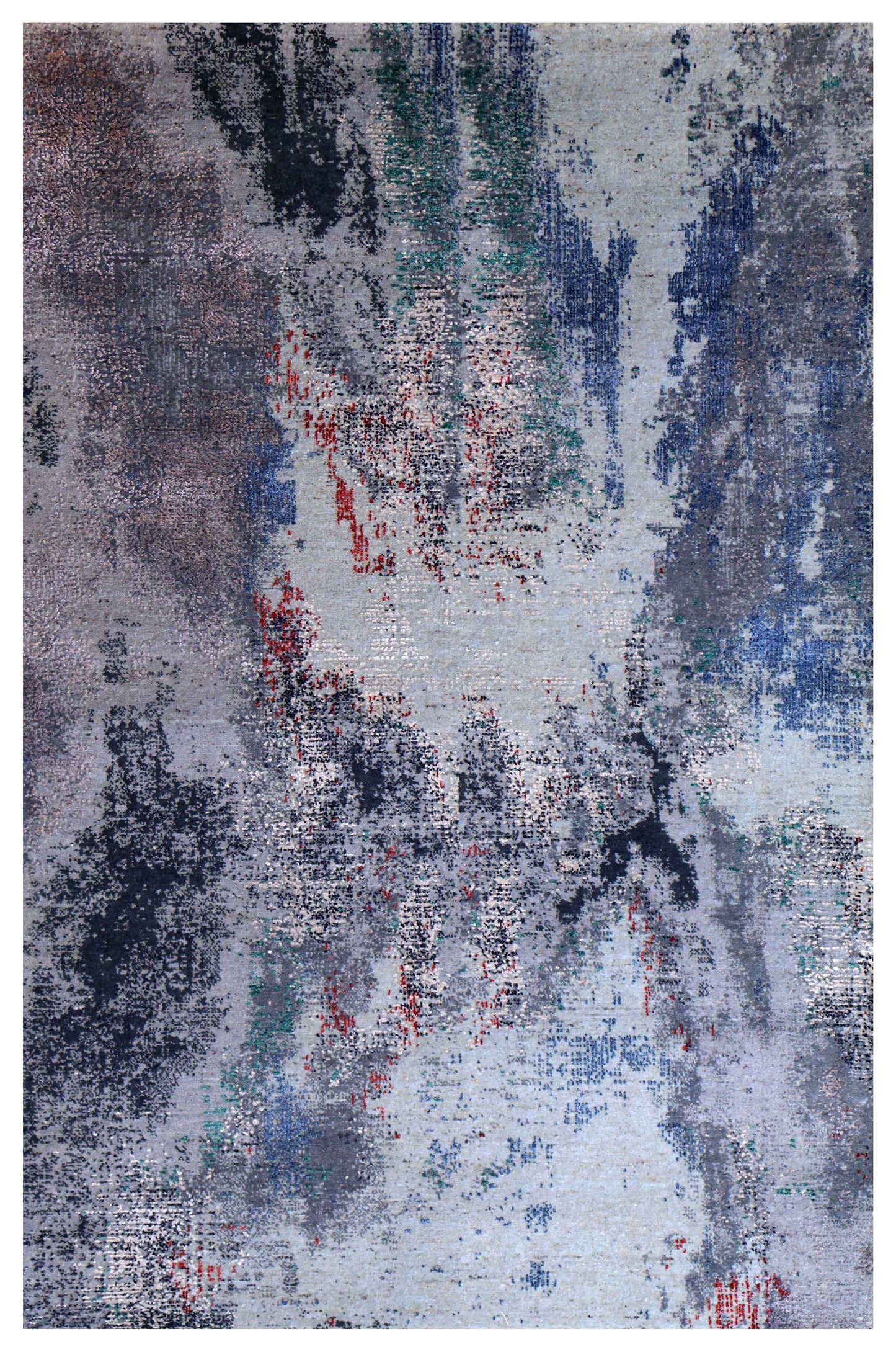 Silver Grey Navy Teal Mauve Crimson Cloud Modern Abstract Hand Knotted Wool Viscose 85 KPSI 4.6x7 Area Rug