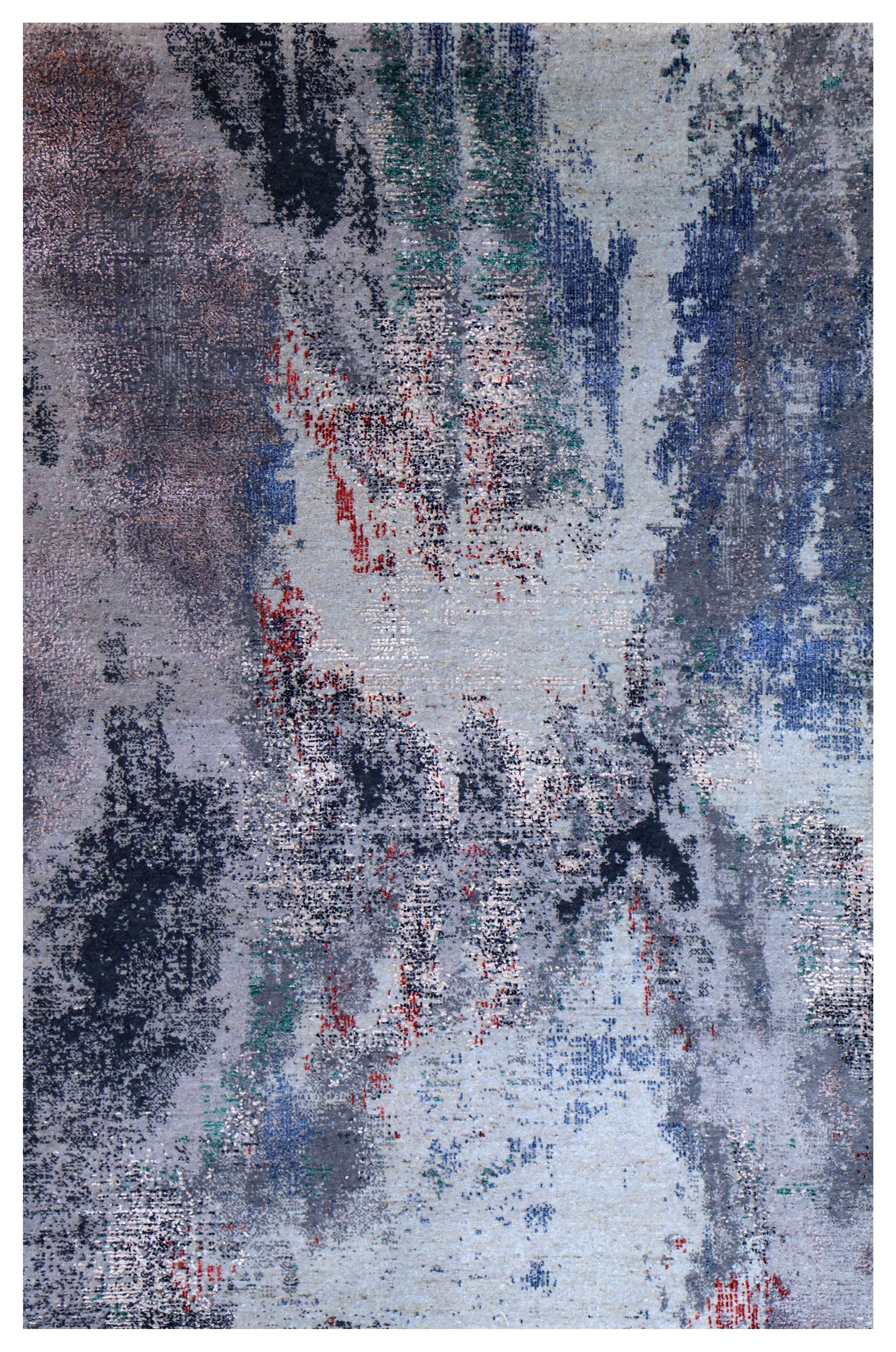 Silver Grey Navy Teal Mauve Crimson Cloud Modern Abstract Hand Knotted Wool Viscose 85 KPSI 4.6x7 Area Rug