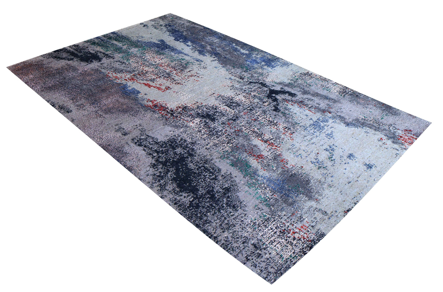 Silver Grey Navy Teal Mauve Crimson Cloud Modern Abstract Hand Knotted Wool Viscose 85 KPSI 4.6x7 Area Rug