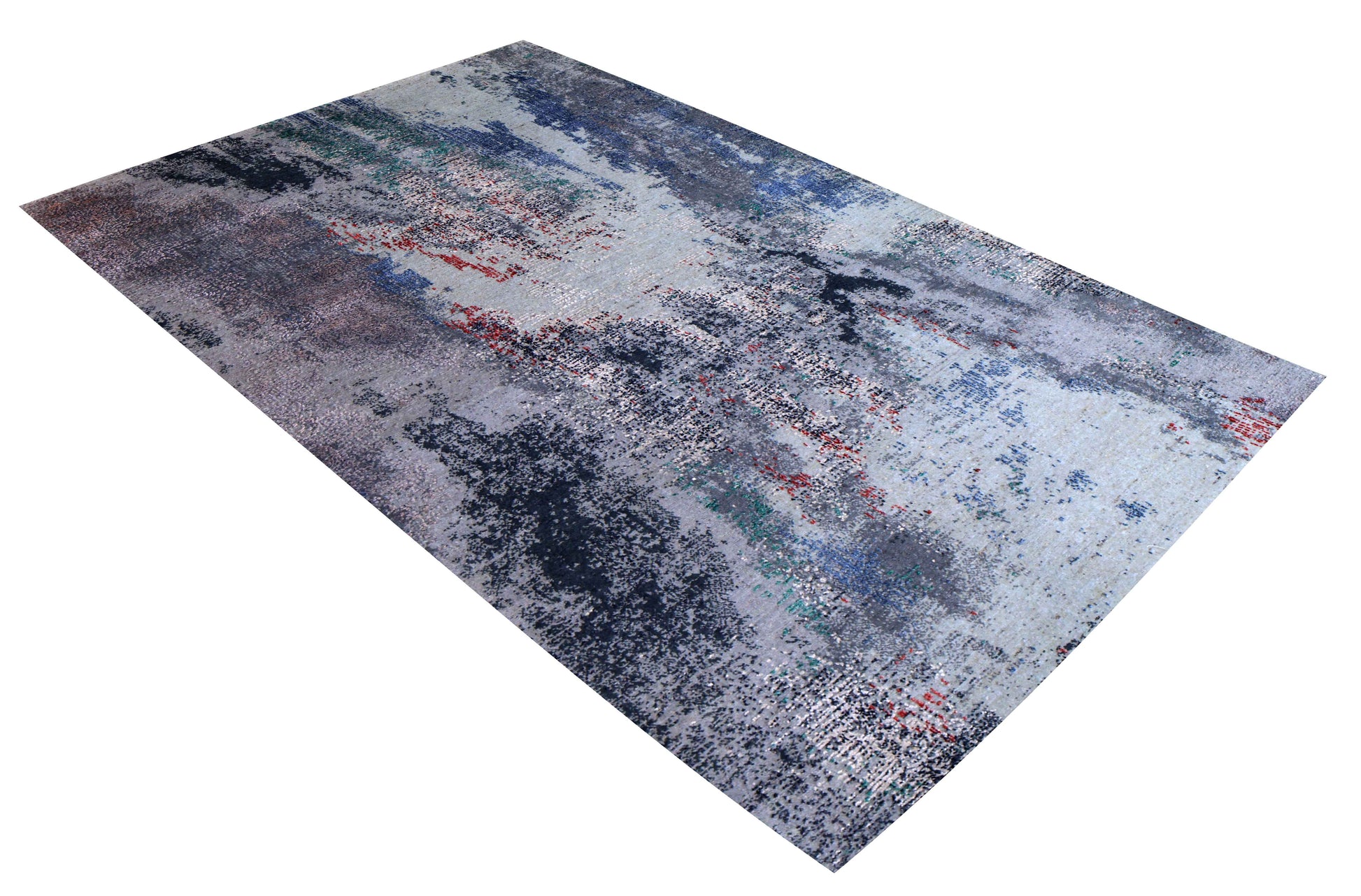 Silver Grey Navy Teal Mauve Crimson Cloud Modern Abstract Hand Knotted Wool Viscose 85 KPSI 4.6x7 Area Rug