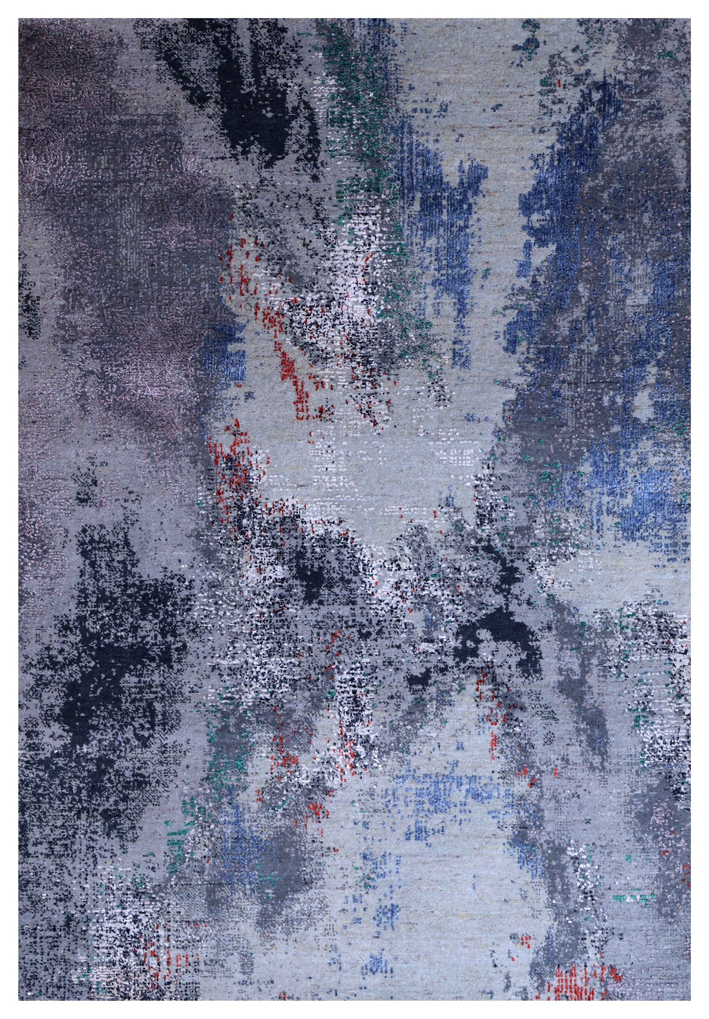 Silver Grey Navy Cobalt Teal Crimson Green Cloud Modern Abstract Hand Knotted Wool Viscose 85 KPSI 4.6x6.6 Area Rug