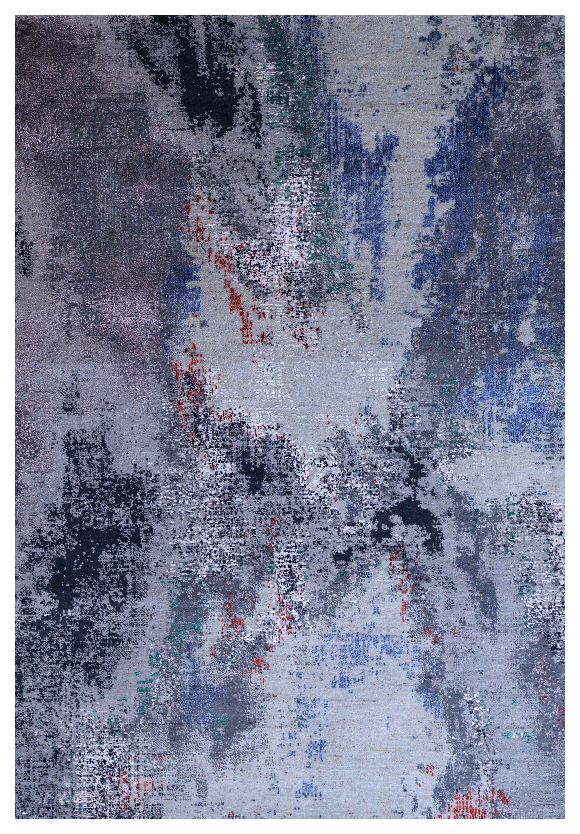 Silver Grey Navy Cobalt Teal Crimson Green Cloud Modern Abstract Hand Knotted Wool Viscose 85 KPSI 4.6x6.6 Area Rug