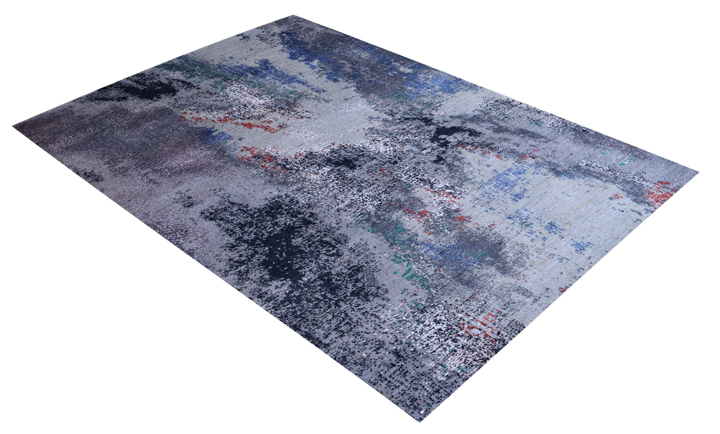 Silver Grey Navy Cobalt Teal Crimson Green Cloud Modern Abstract Hand Knotted Wool Viscose 85 KPSI 4.6x6.6 Area Rug