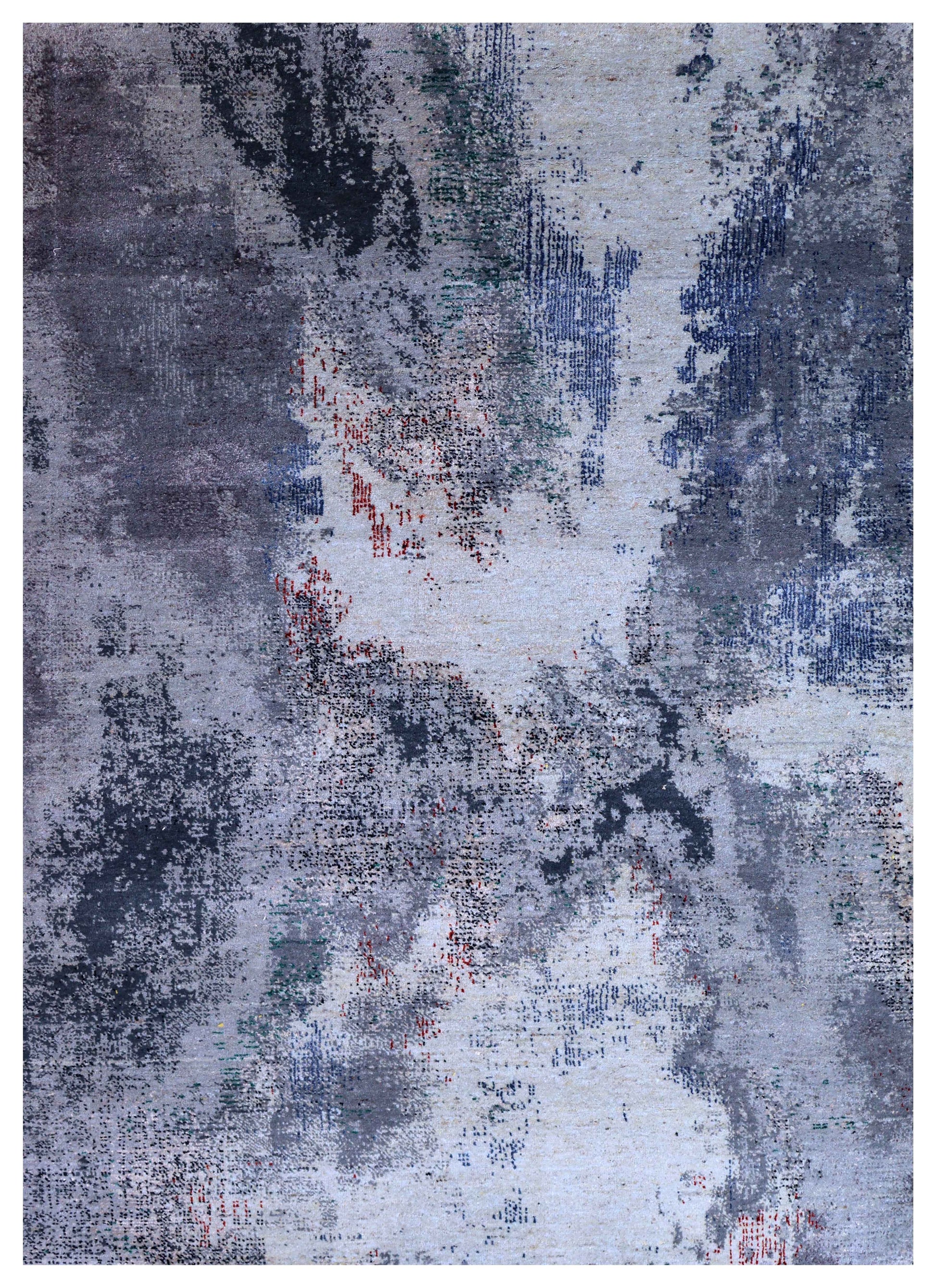 Silver Blue Grey Navy Steel Teal Crimson Cloud Modern Abstract Hand Knotted Wool Viscose 85 KPSI 4.6x6.6 Area Rug