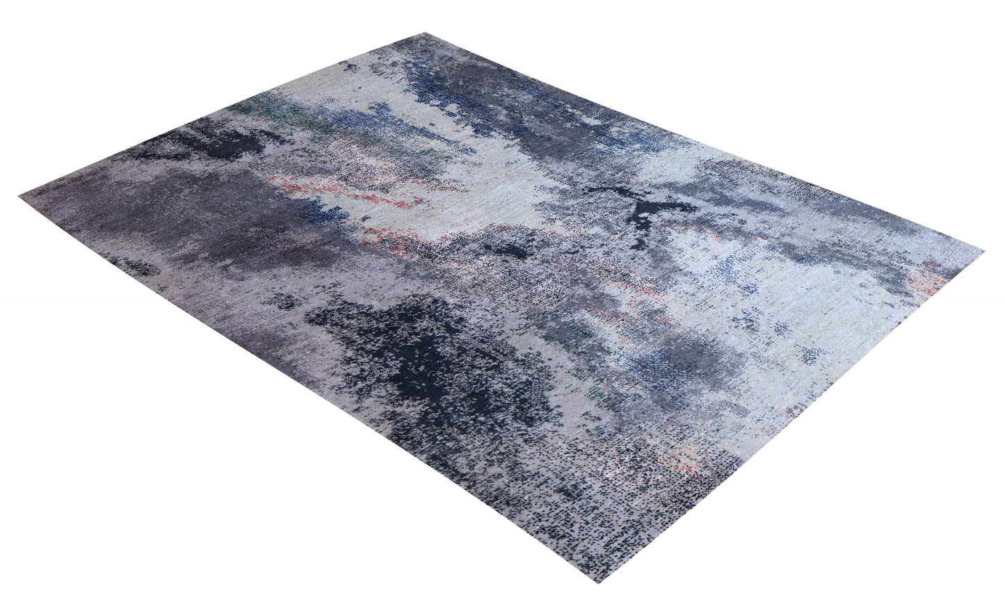Silver Ivory Navy Charcoal Teal Crimson Blush Cloud Modern Abstract Hand Knotted Wool Viscose 85 KPSI 5.6x8 Area Rug
