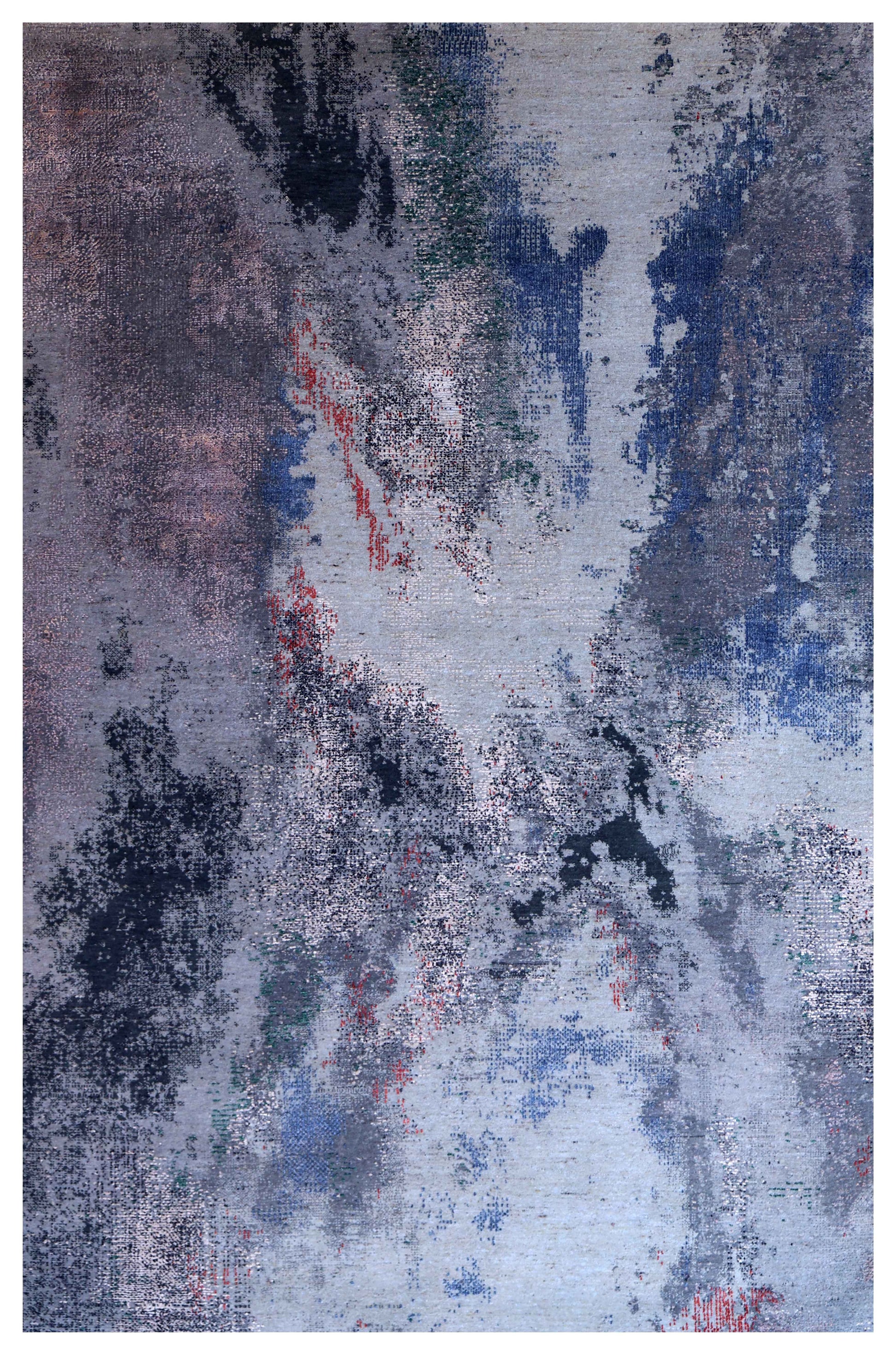 Silver Blue Grey Navy Mauve Teal Crimson Cloud Modern Abstract Hand Knotted Wool Viscose 85 KPSI 6.6x10 Area Rug