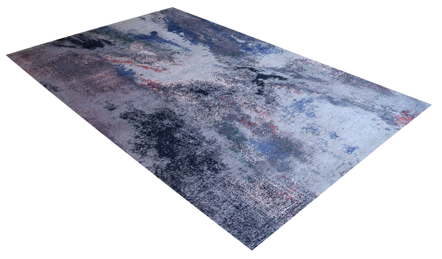 Silver Blue Grey Navy Mauve Teal Crimson Cloud Modern Abstract Hand Knotted Wool Viscose 85 KPSI 6.6x10 Area Rug
