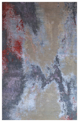 6x9 Hand Knotted Wool Viscose Beige Sand Crimson Modern Abstract Cloud Bhadohi Area Rug