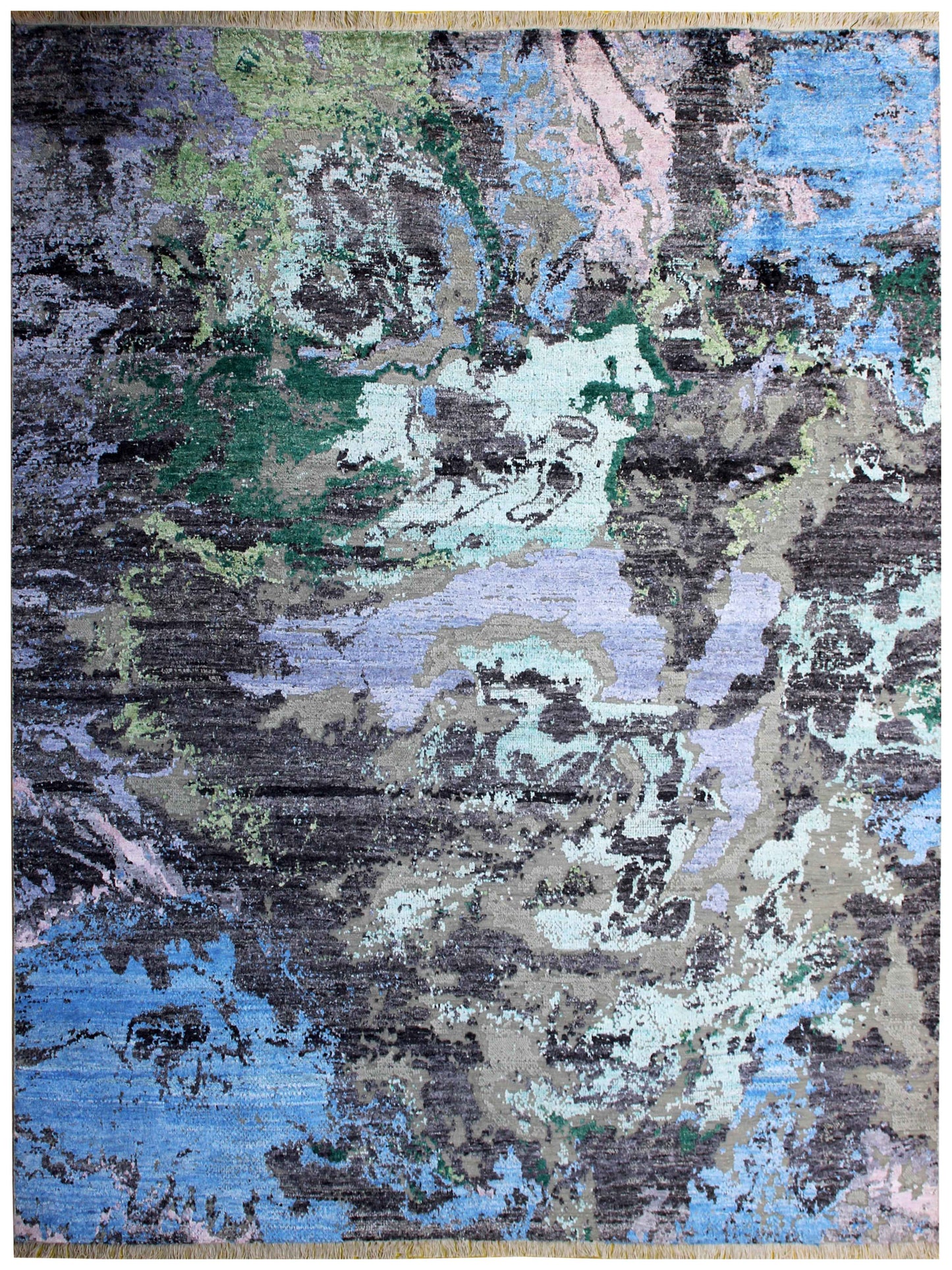Hand Knotted Wool Viscose Charcoal Blue Green Mint Lavender Blush Modern Abstract Fringed 8x10 Bhadohi Area Rug