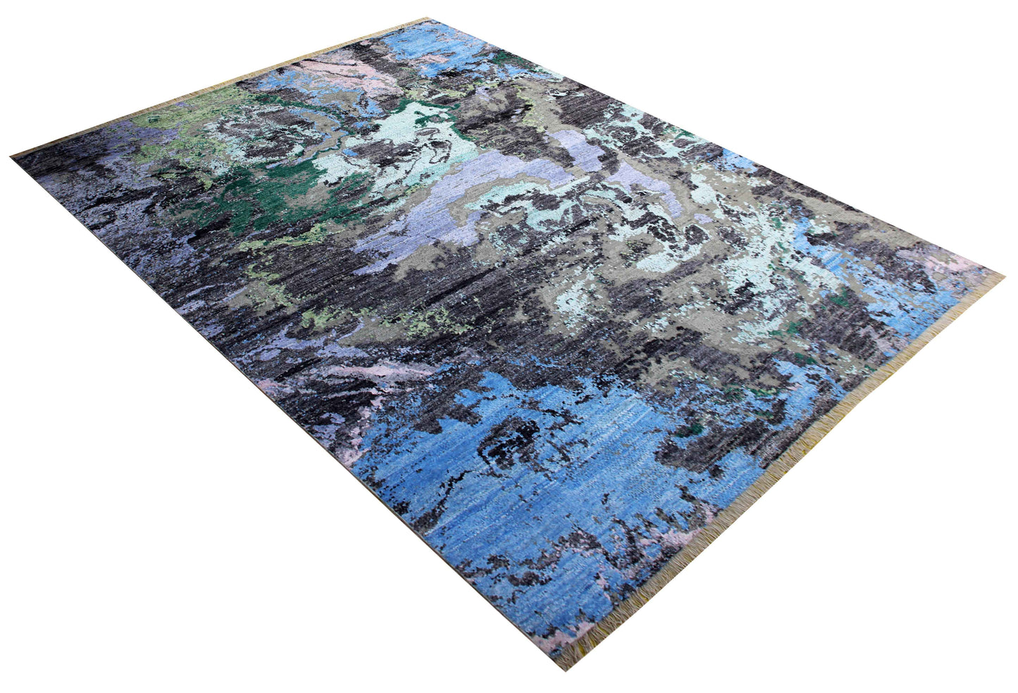 Hand Knotted Wool Viscose Charcoal Blue Green Mint Lavender Blush Modern Abstract Fringed 8x10 Bhadohi Area Rug