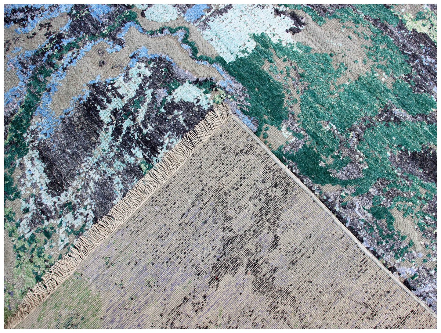 Hand Knotted Wool Viscose Charcoal Blue Green Mint Lavender Blush Modern Abstract Fringed 8x10 Bhadohi Area Rug
