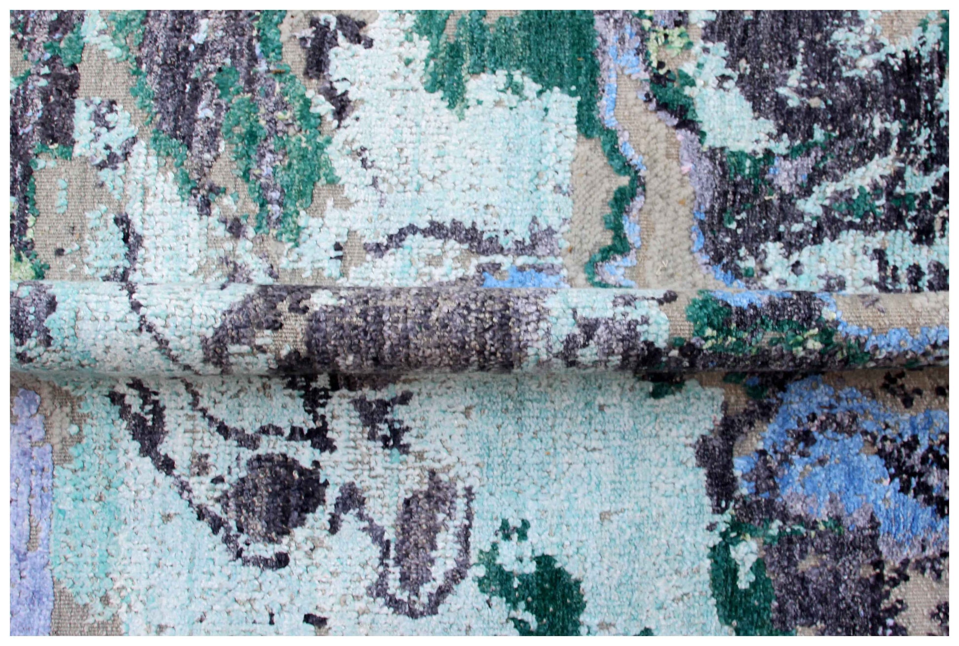 Hand Knotted Wool Viscose Charcoal Blue Green Mint Lavender Blush Modern Abstract Fringed 8x10 Bhadohi Area Rug
