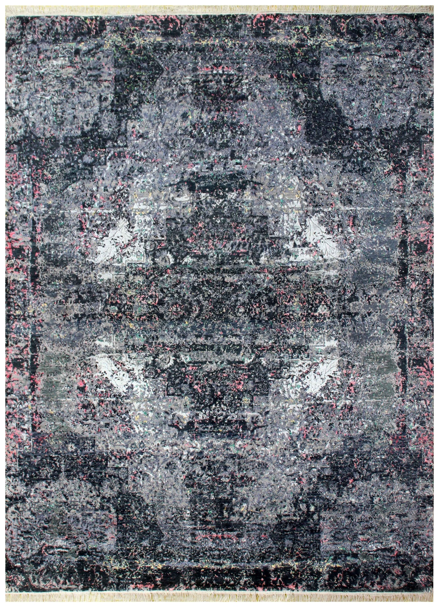 Distressed Medallion 8x10 Hand Knotted Charcoal Black Silver Pink Wool Viscose Bhadohi Area Rug