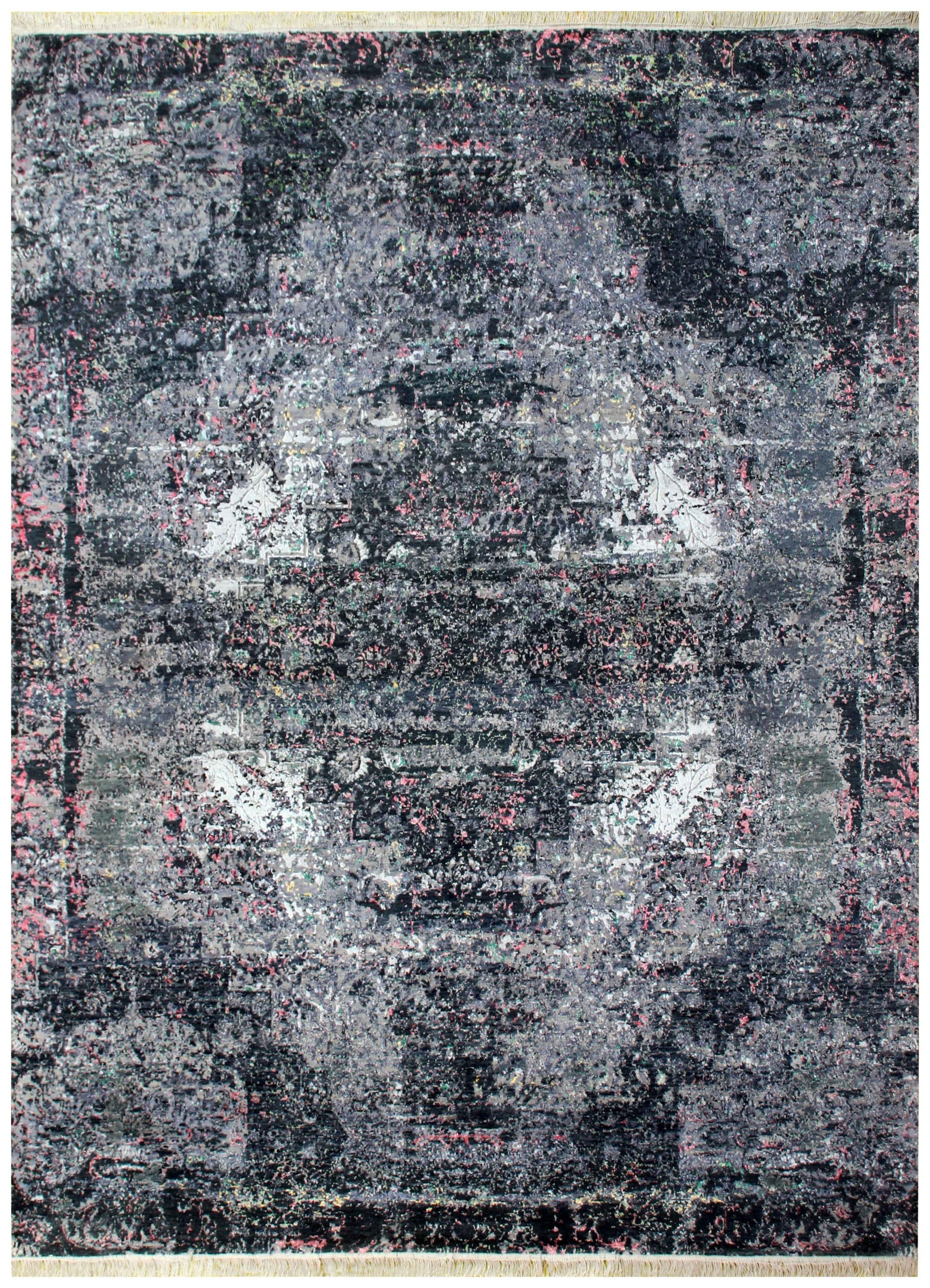 Distressed Medallion 8x10 Hand Knotted Charcoal Black Silver Pink Wool Viscose Bhadohi Area Rug