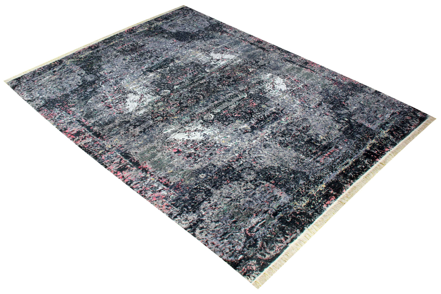 Distressed Medallion 8x10 Hand Knotted Charcoal Black Silver Pink Wool Viscose Bhadohi Area Rug