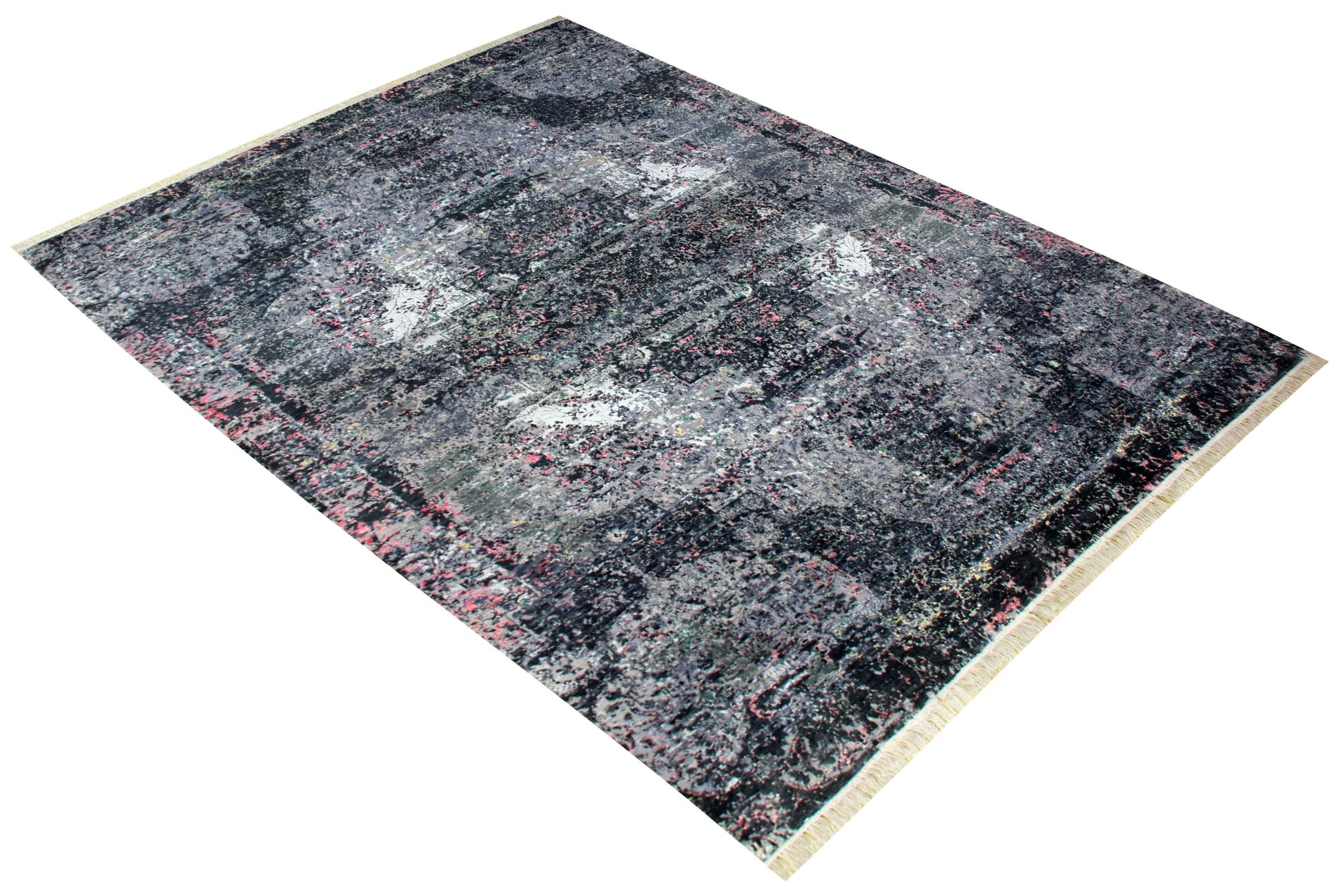 Distressed Medallion 8x10 Hand Knotted Charcoal Black Silver Pink Wool Viscose Bhadohi Area Rug