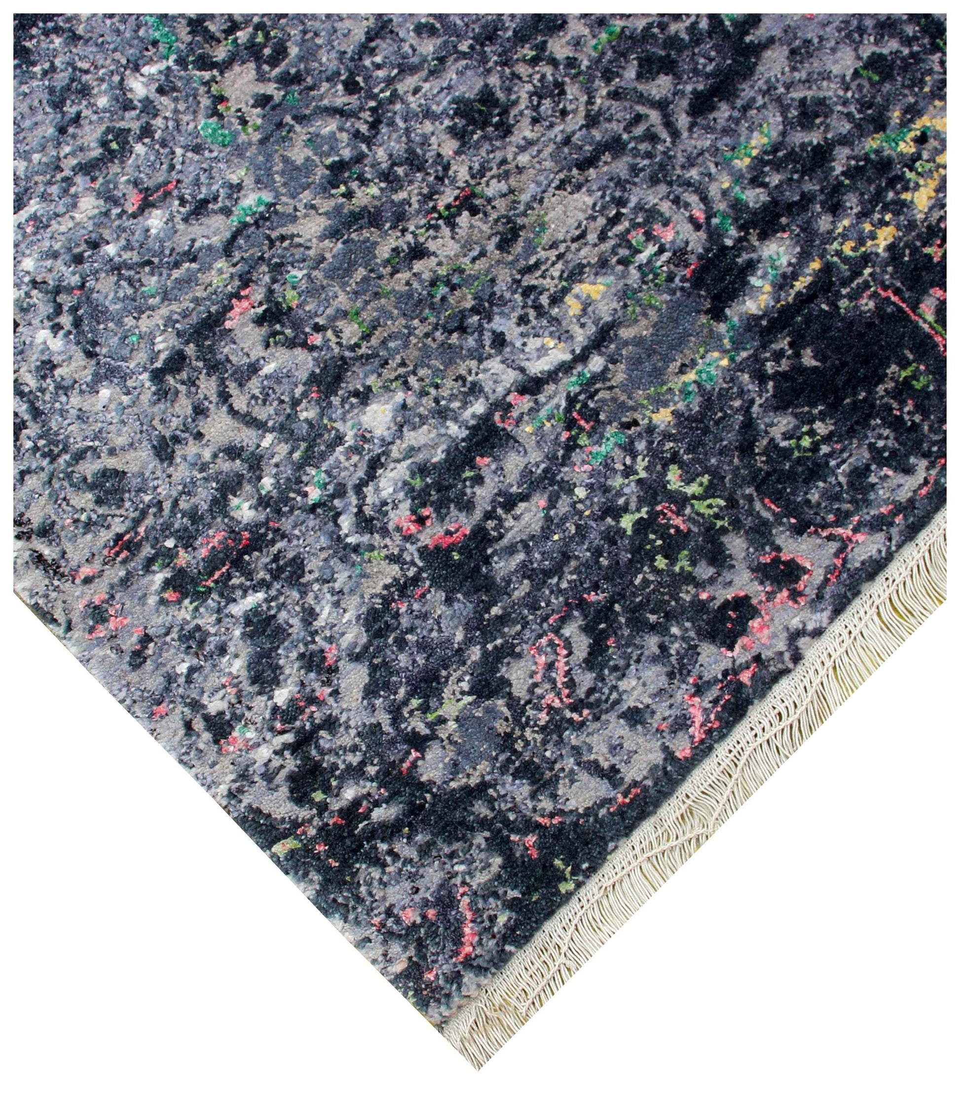Distressed Medallion 8x10 Hand Knotted Charcoal Black Silver Pink Wool Viscose Bhadohi Area Rug