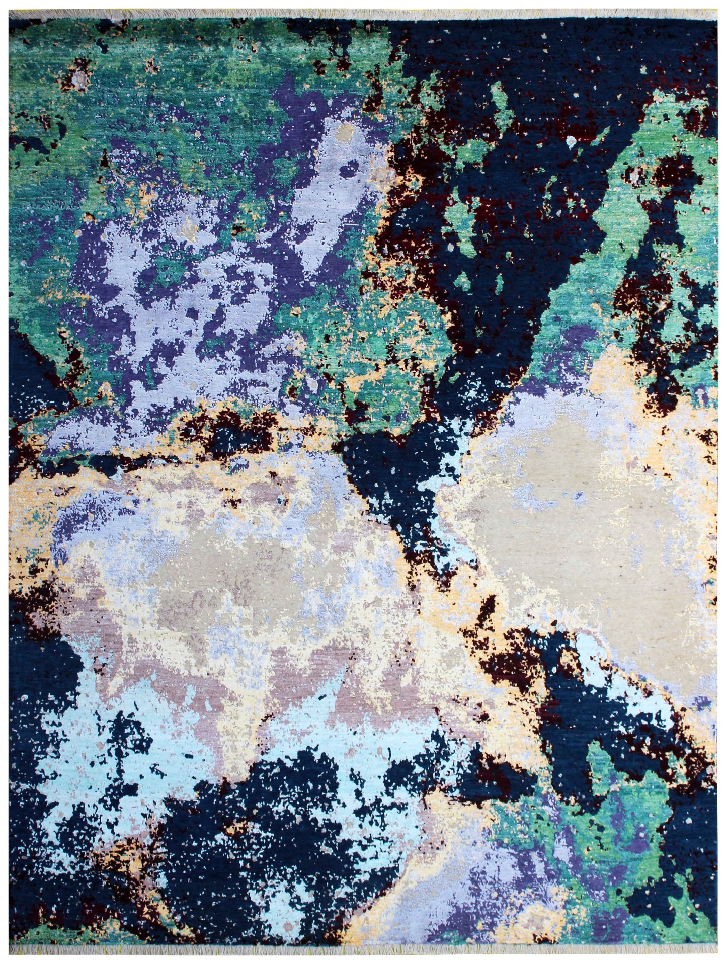 Modern Abstract 8x10 Hand Knotted Navy Teal Emerald Lavender Ivory Burgundy Wool Viscose Bhadohi Area Rug
