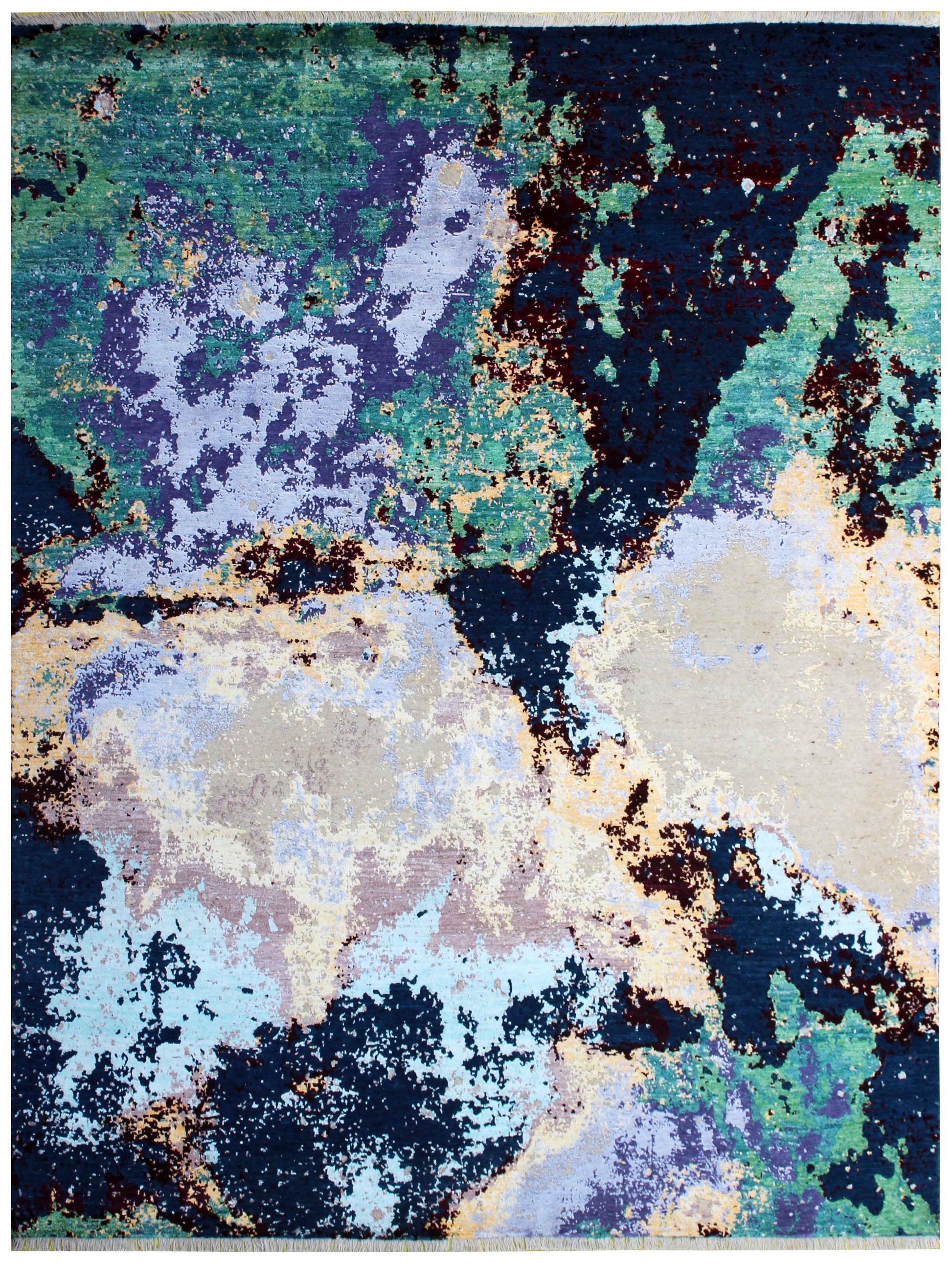 Modern Abstract 8x10 Hand Knotted Navy Teal Emerald Lavender Ivory Burgundy Wool Viscose Bhadohi Area Rug