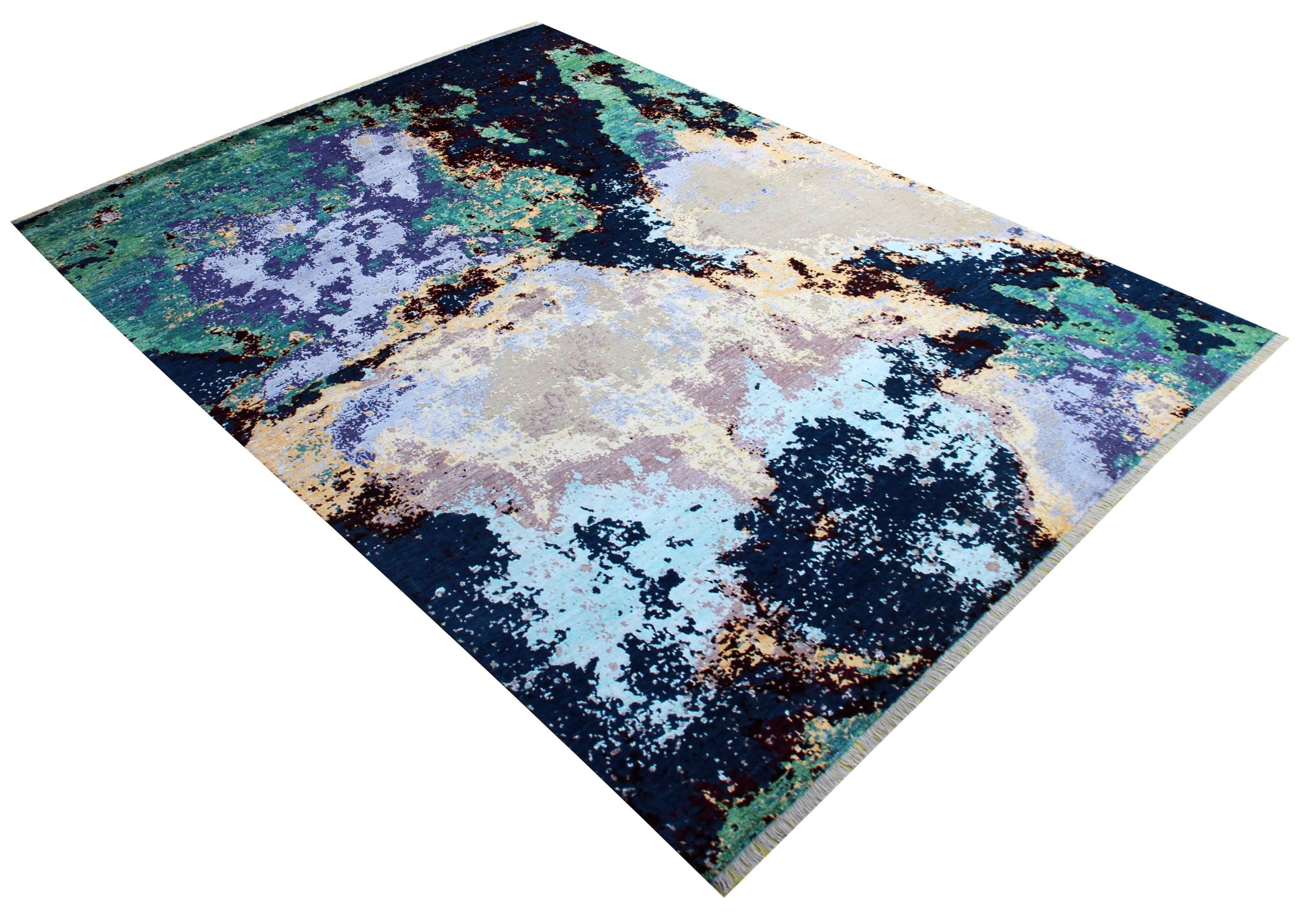 Modern Abstract 8x10 Hand Knotted Navy Teal Emerald Lavender Ivory Burgundy Wool Viscose Bhadohi Area Rug