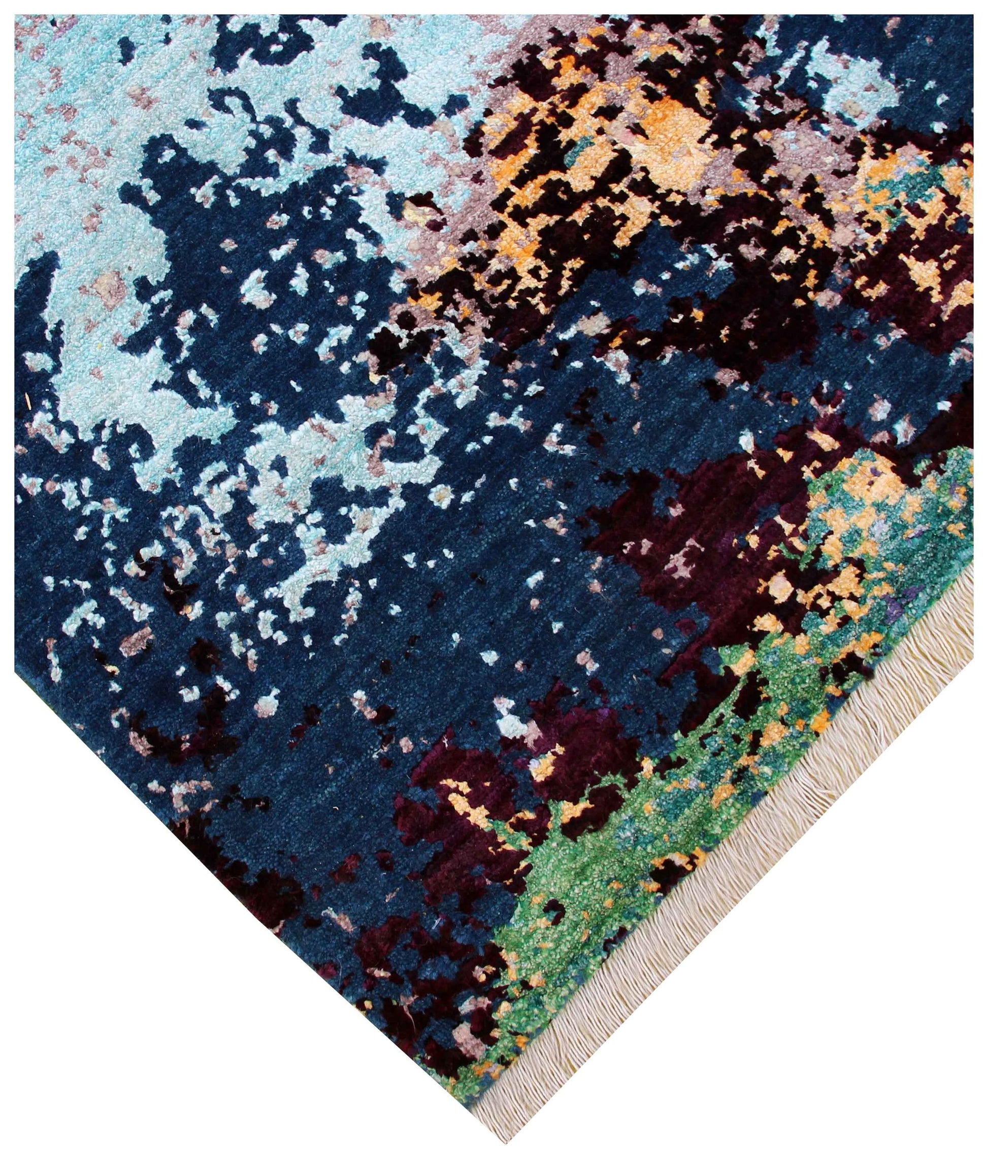 Modern Abstract 8x10 Hand Knotted Navy Teal Emerald Lavender Ivory Burgundy Wool Viscose Bhadohi Area Rug