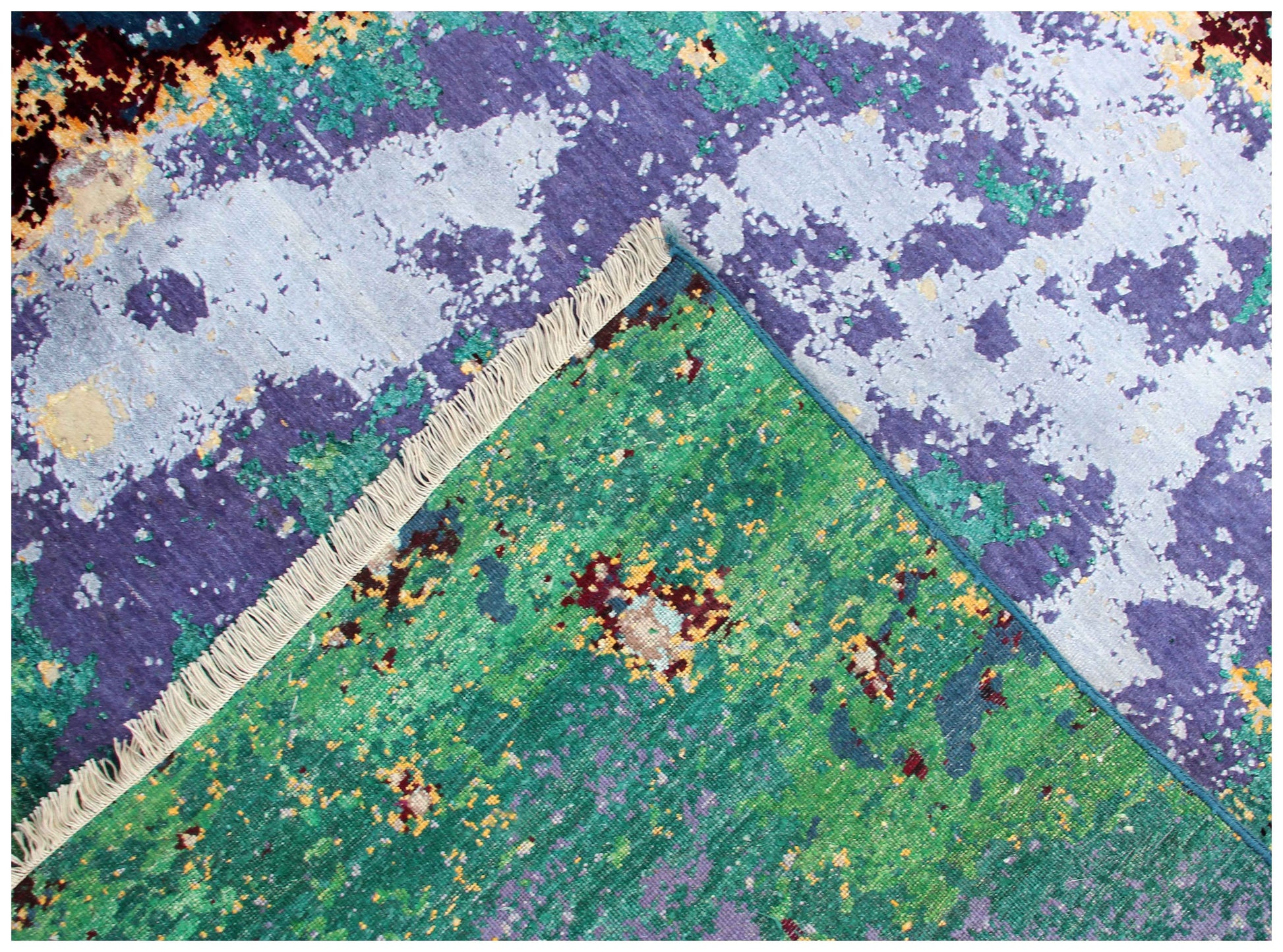 Modern Abstract 8x10 Hand Knotted Navy Teal Emerald Lavender Ivory Burgundy Wool Viscose Bhadohi Area Rug