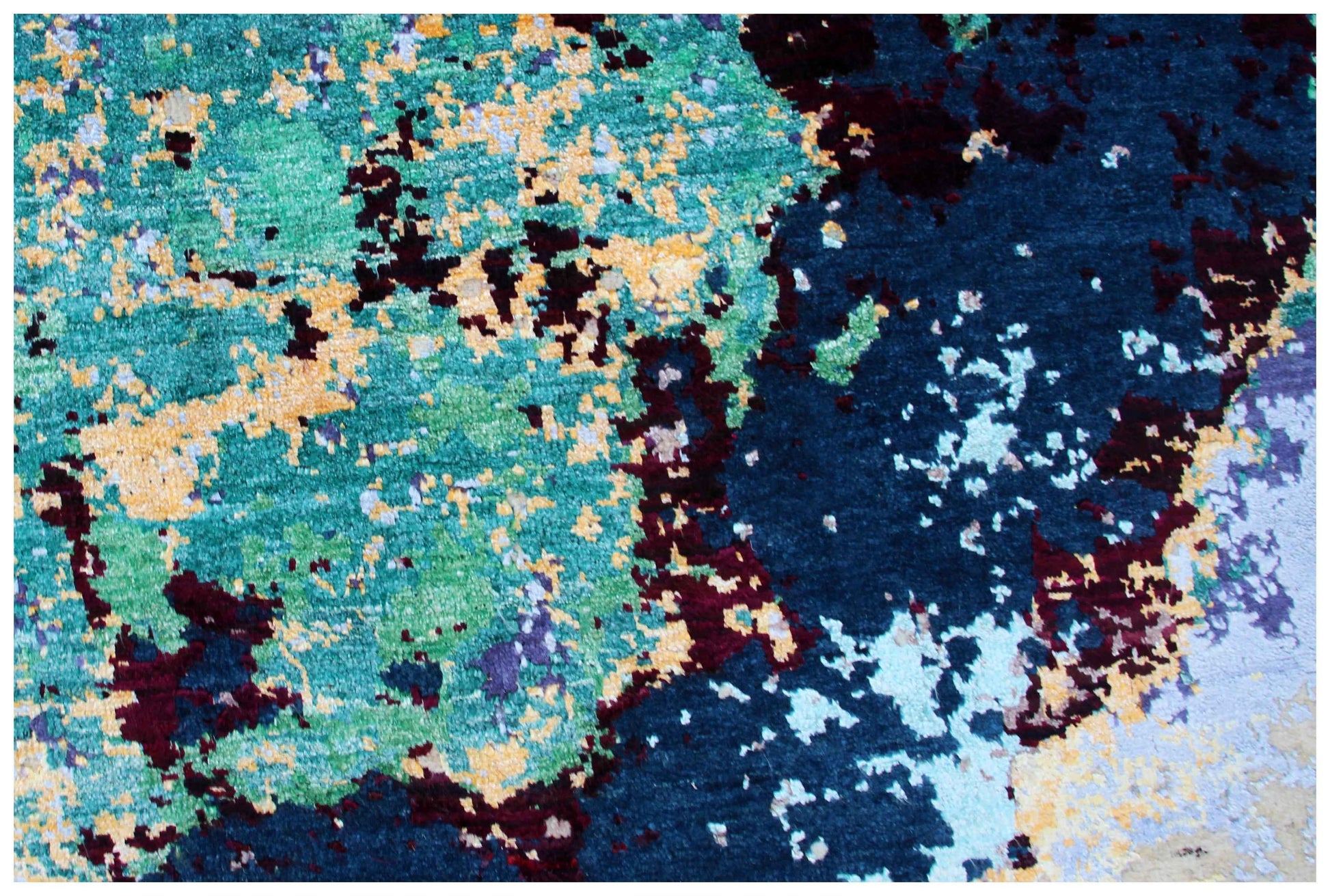 Modern Abstract 8x10 Hand Knotted Navy Teal Emerald Lavender Ivory Burgundy Wool Viscose Bhadohi Area Rug