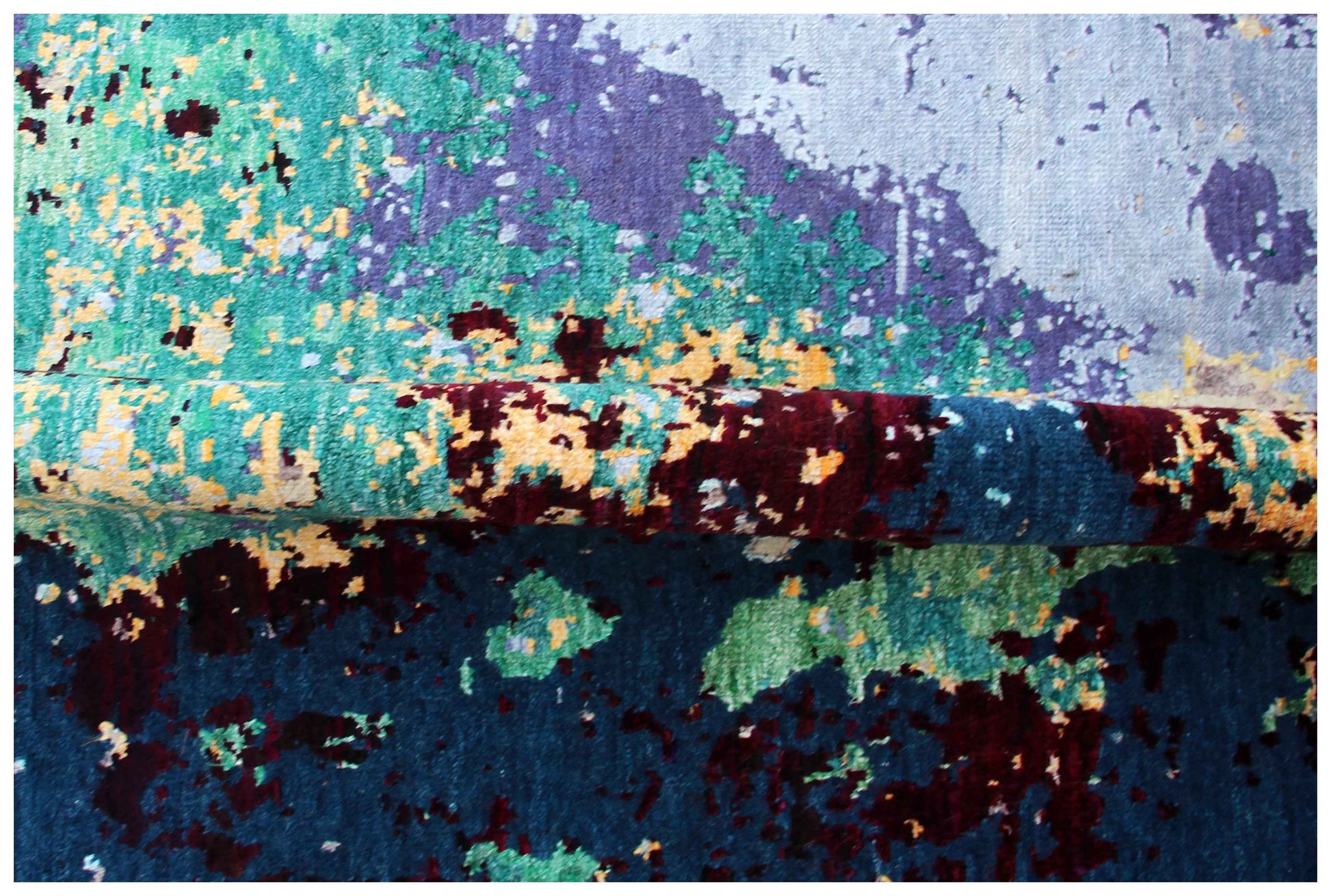 Modern Abstract 8x10 Hand Knotted Navy Teal Emerald Lavender Ivory Burgundy Wool Viscose Bhadohi Area Rug