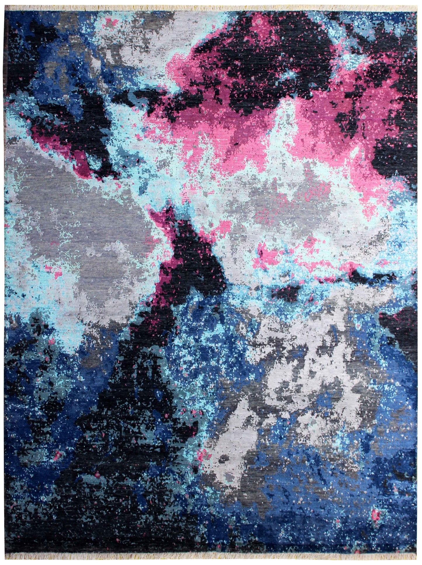 Navy Black Hot Pink Magenta Cyan Silver Modern Abstract Hand Knotted Wool Viscose 8x10 Bhadohi Area Rug