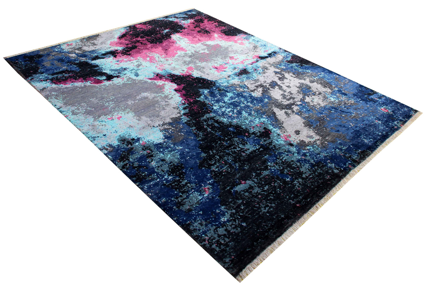 Navy Black Hot Pink Magenta Cyan Silver Modern Abstract Hand Knotted Wool Viscose 8x10 Bhadohi Area Rug