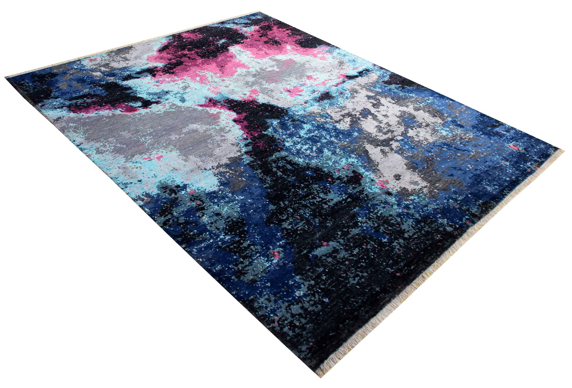 Navy Black Hot Pink Magenta Cyan Silver Modern Abstract Hand Knotted Wool Viscose 8x10 Bhadohi Area Rug