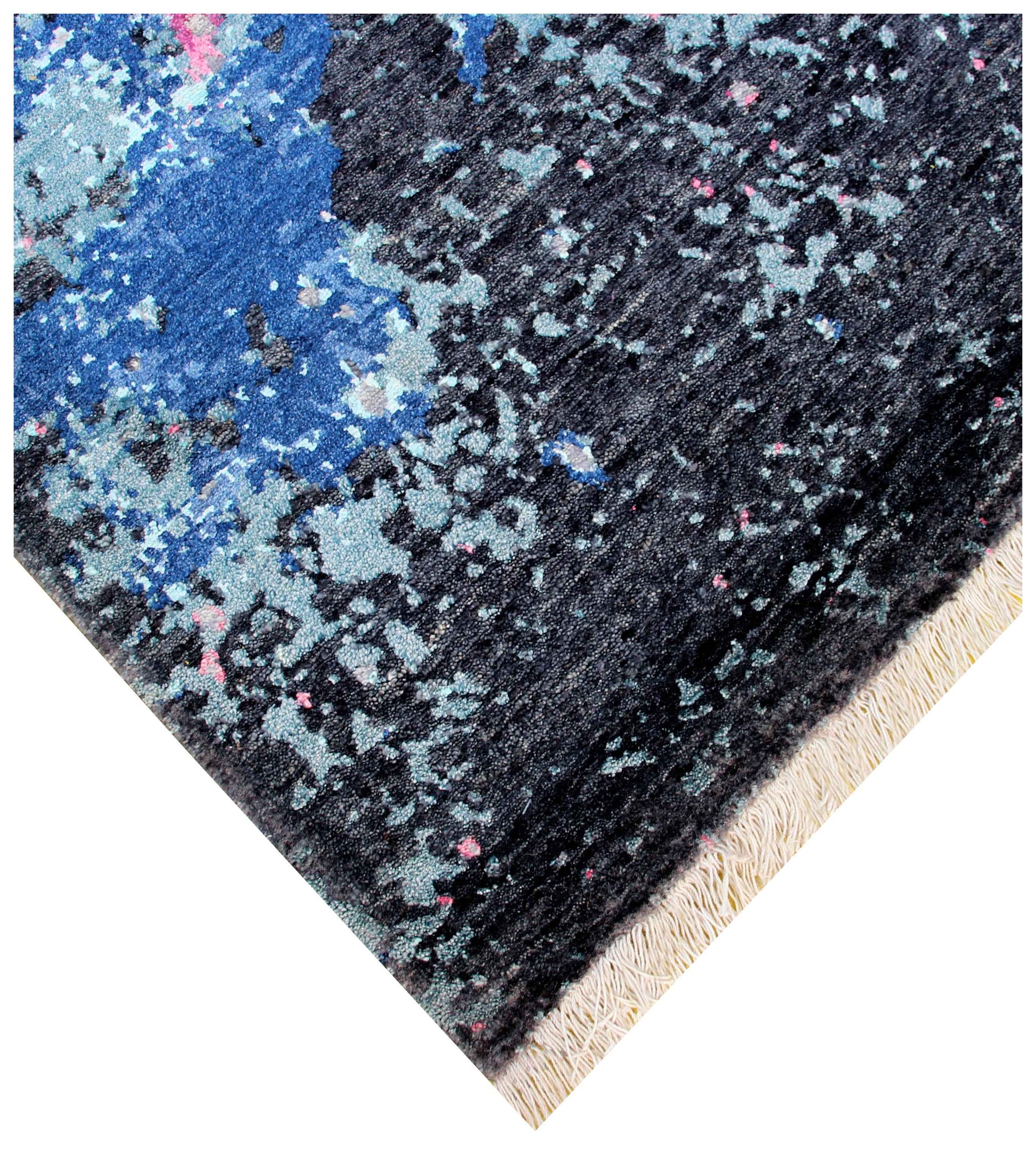 Navy Black Hot Pink Magenta Cyan Silver Modern Abstract Hand Knotted Wool Viscose 8x10 Bhadohi Area Rug