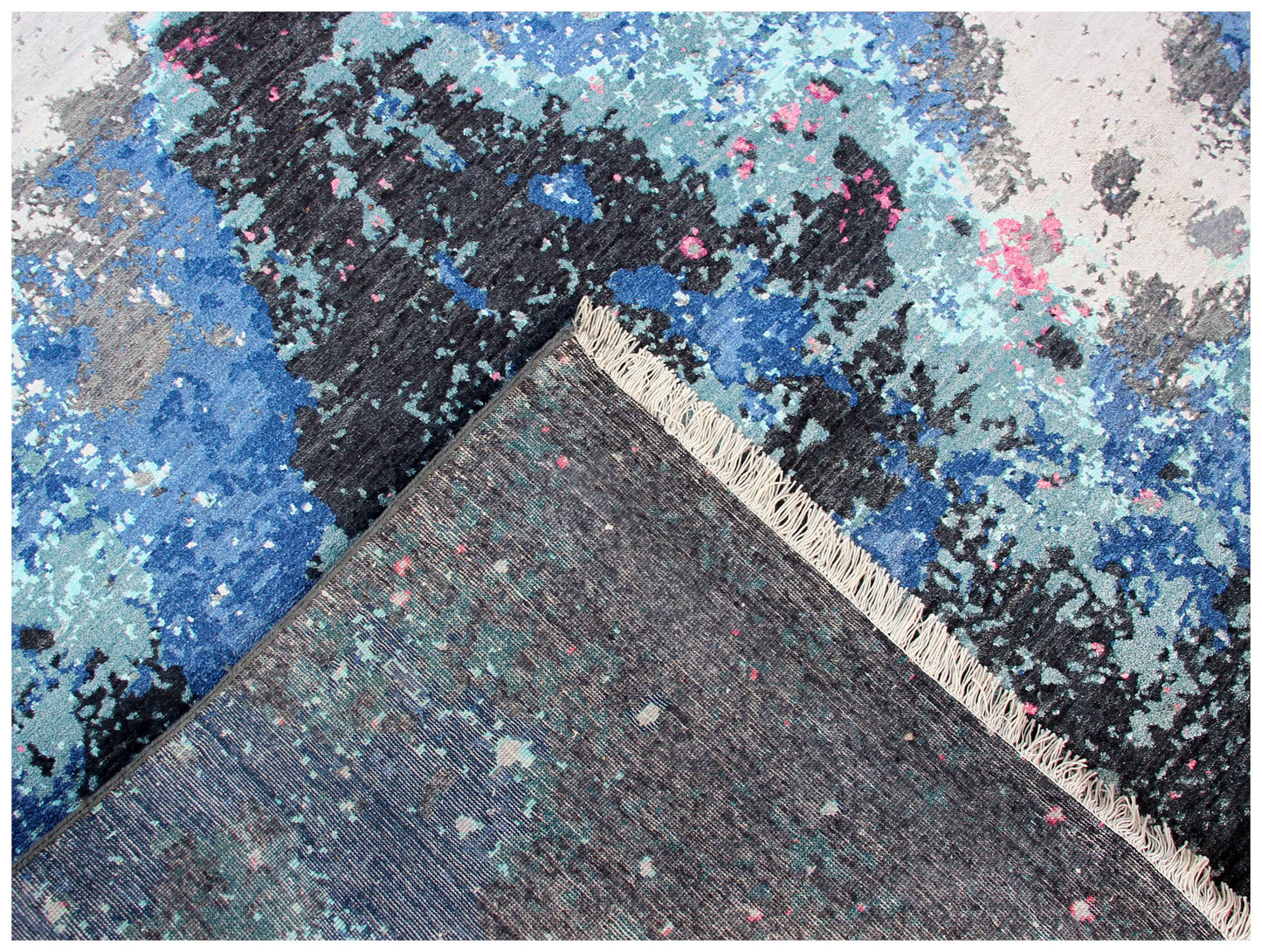 Navy Black Hot Pink Magenta Cyan Silver Modern Abstract Hand Knotted Wool Viscose 8x10 Bhadohi Area Rug