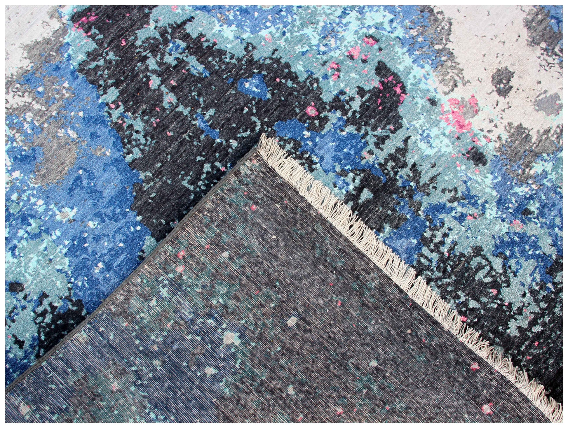 Navy Black Hot Pink Magenta Cyan Silver Modern Abstract Hand Knotted Wool Viscose 8x10 Bhadohi Area Rug