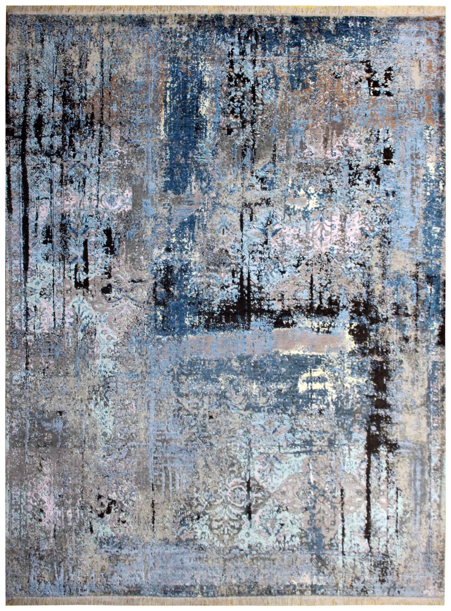 Distressed Floral Medallion 8x10 Hand Knotted Silver Blue Grey Charcoal Wool Viscose Bhadohi Area Rug
