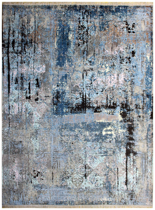 Distressed Floral Medallion 8x10 Hand Knotted Silver Blue Grey Charcoal Wool Viscose Bhadohi Area Rug