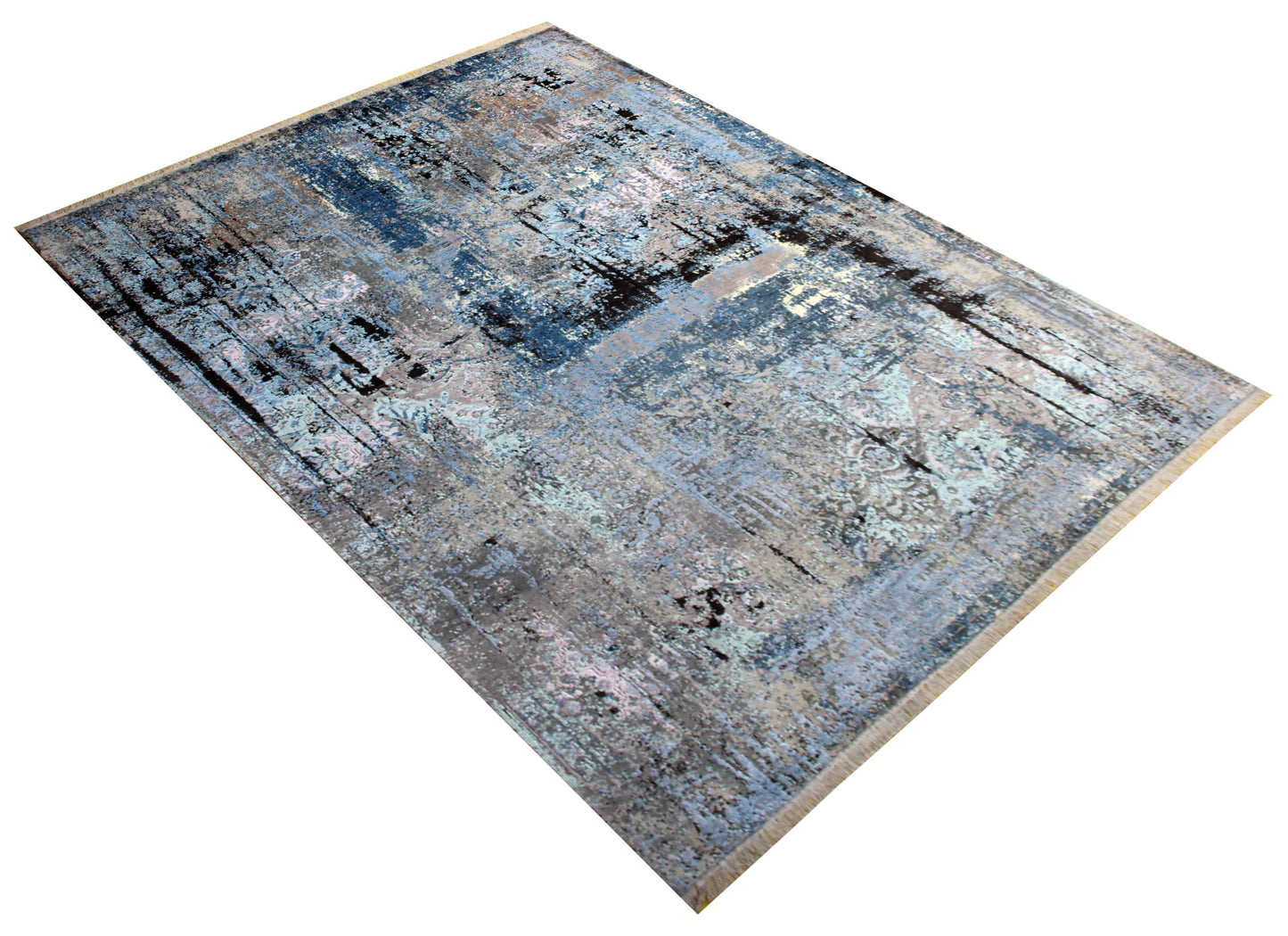 Distressed Floral Medallion 8x10 Hand Knotted Silver Blue Grey Charcoal Wool Viscose Bhadohi Area Rug