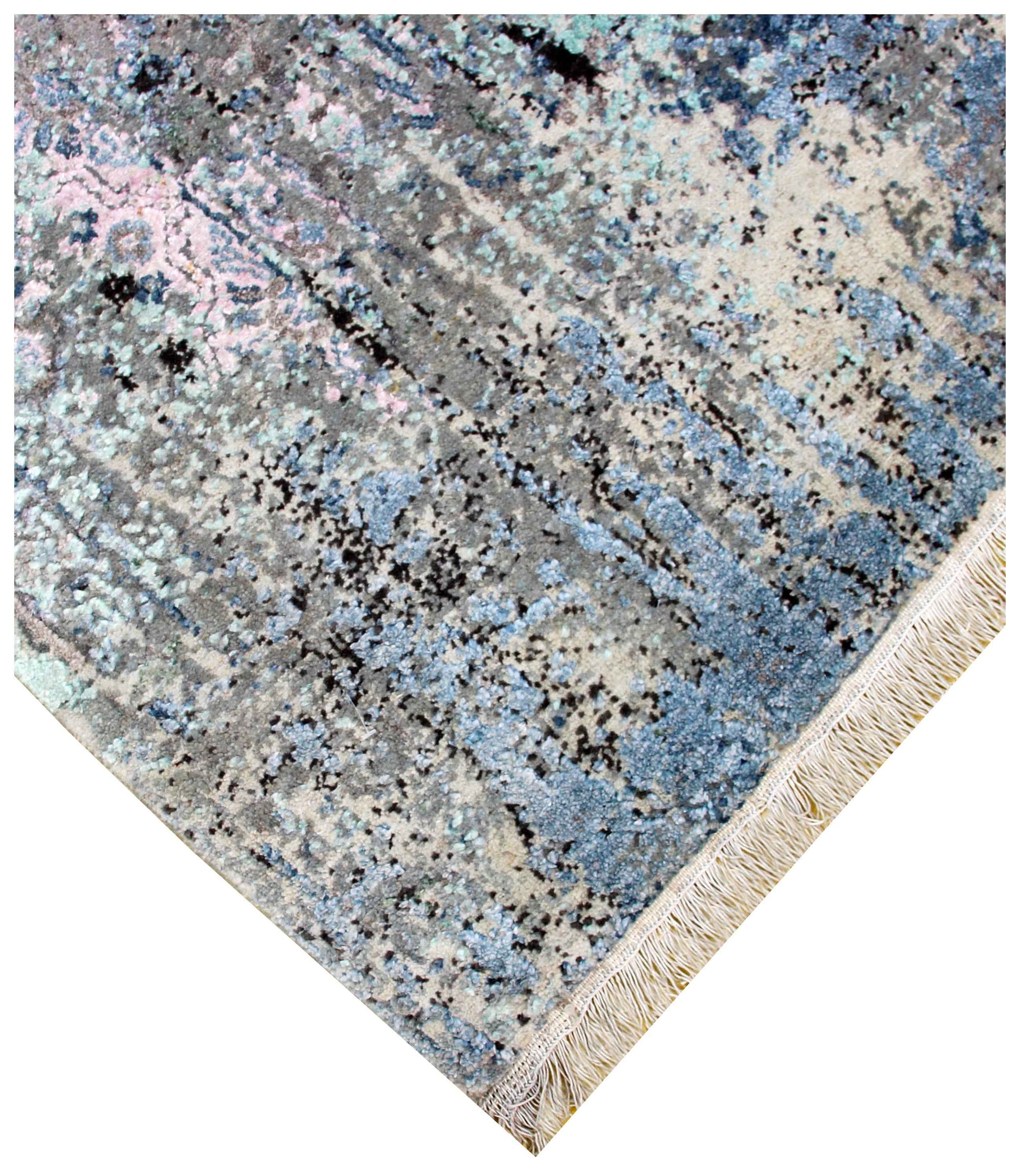 Distressed Floral Medallion 8x10 Hand Knotted Silver Blue Grey Charcoal Wool Viscose Bhadohi Area Rug