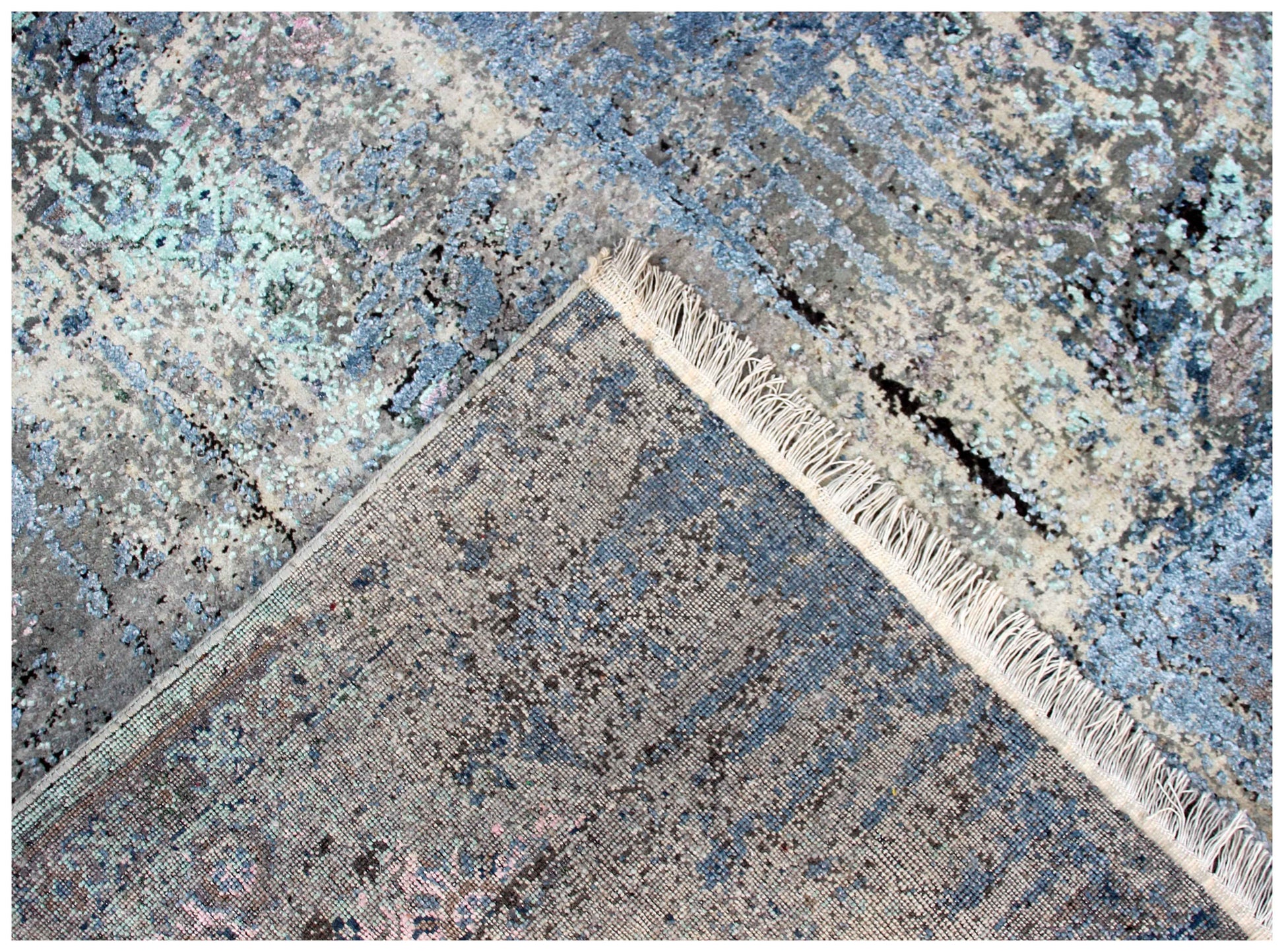 Distressed Floral Medallion 8x10 Hand Knotted Silver Blue Grey Charcoal Wool Viscose Bhadohi Area Rug