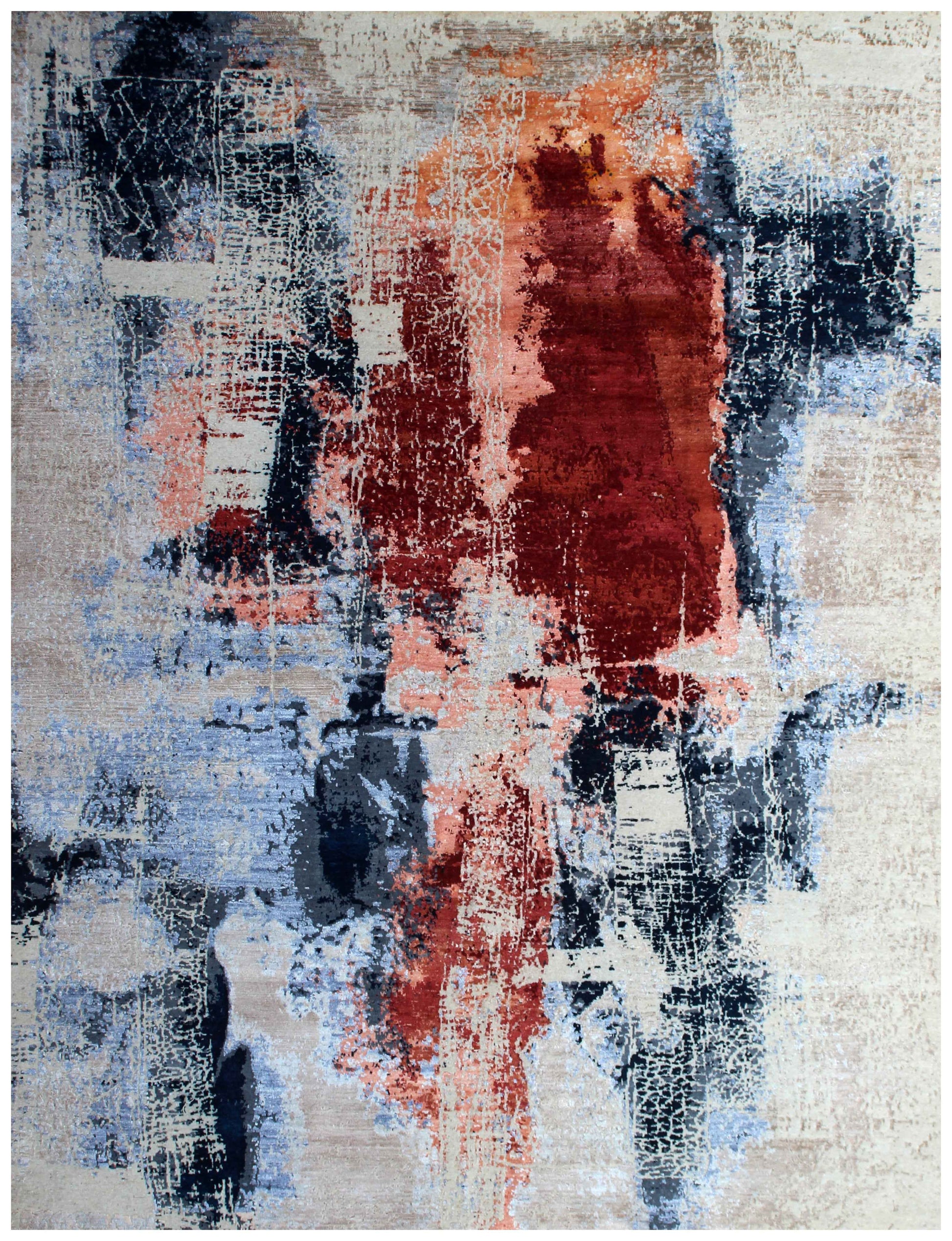 Wool Viscose Hand Knotted Ivory Rust Burgundy Steel Blue Modern Abstract Crackle 8x10 Bhadohi Area Rug