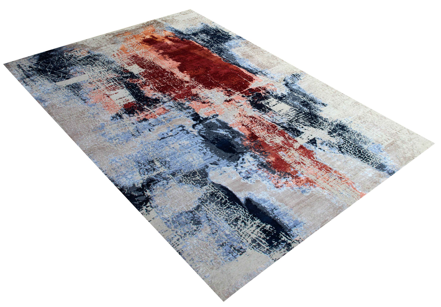 Wool Viscose Hand Knotted Ivory Rust Burgundy Steel Blue Modern Abstract Crackle 8x10 Bhadohi Area Rug