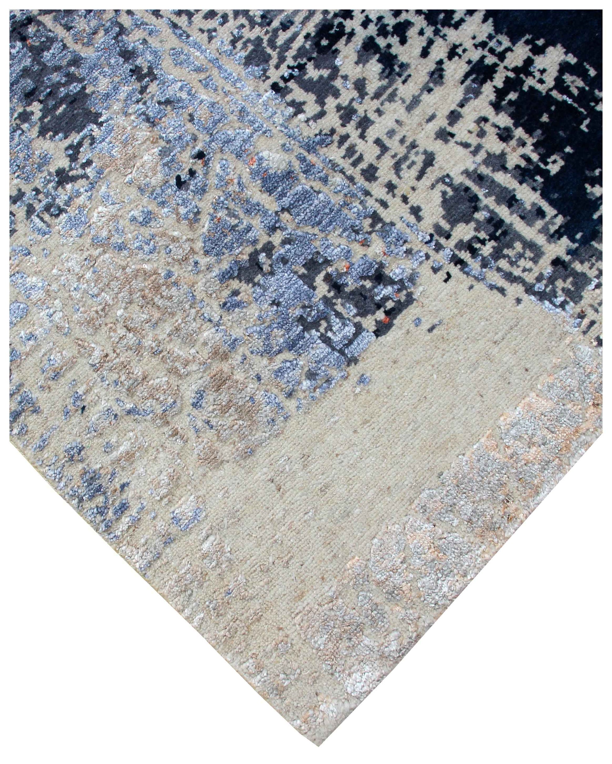 Wool Viscose Hand Knotted Ivory Rust Burgundy Steel Blue Modern Abstract Crackle 8x10 Bhadohi Area Rug