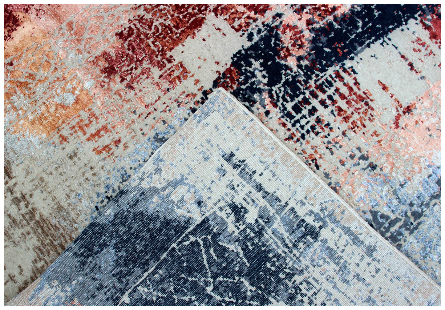 Wool Viscose Hand Knotted Ivory Rust Burgundy Steel Blue Modern Abstract Crackle 8x10 Bhadohi Area Rug