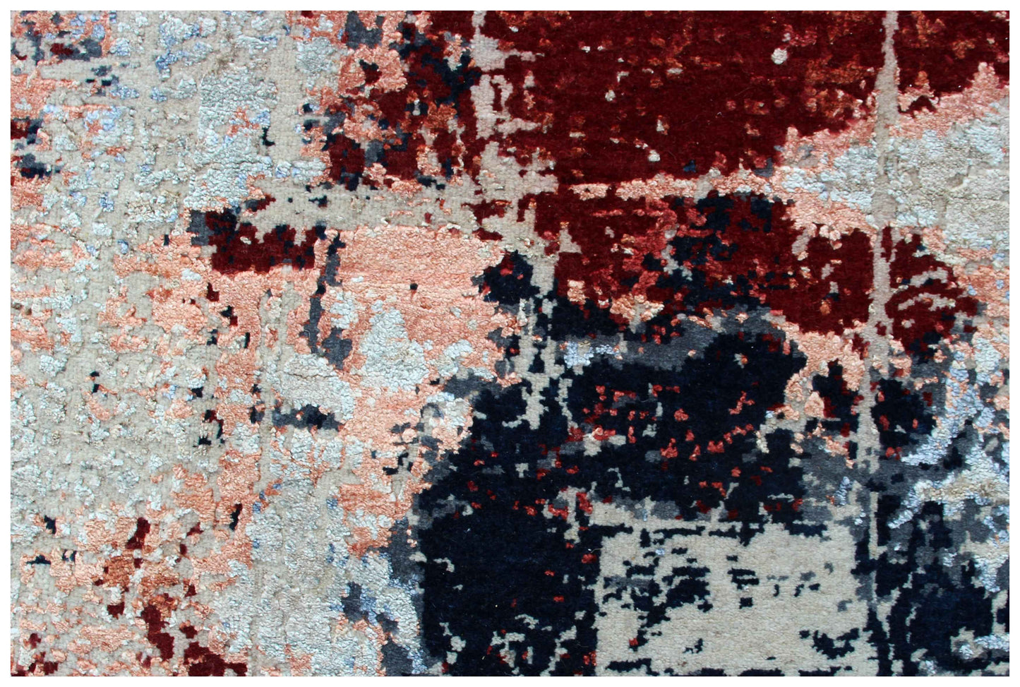 Wool Viscose Hand Knotted Ivory Rust Burgundy Steel Blue Modern Abstract Crackle 8x10 Bhadohi Area Rug