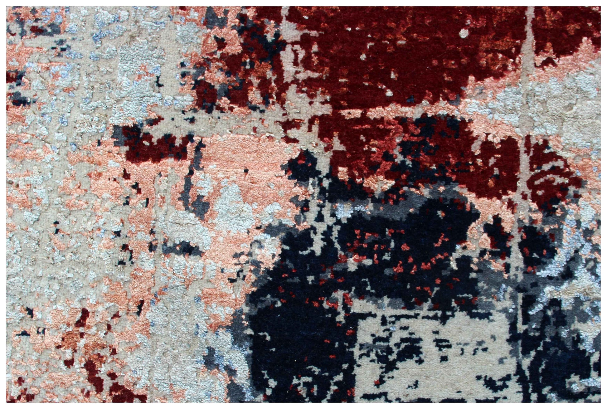 Wool Viscose Hand Knotted Ivory Rust Burgundy Steel Blue Modern Abstract Crackle 8x10 Bhadohi Area Rug