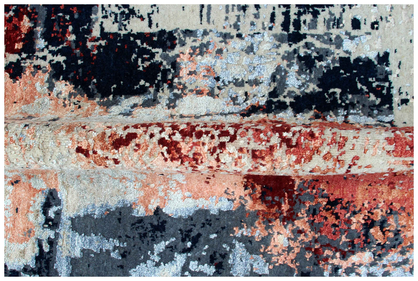Wool Viscose Hand Knotted Ivory Rust Burgundy Steel Blue Modern Abstract Crackle 8x10 Bhadohi Area Rug