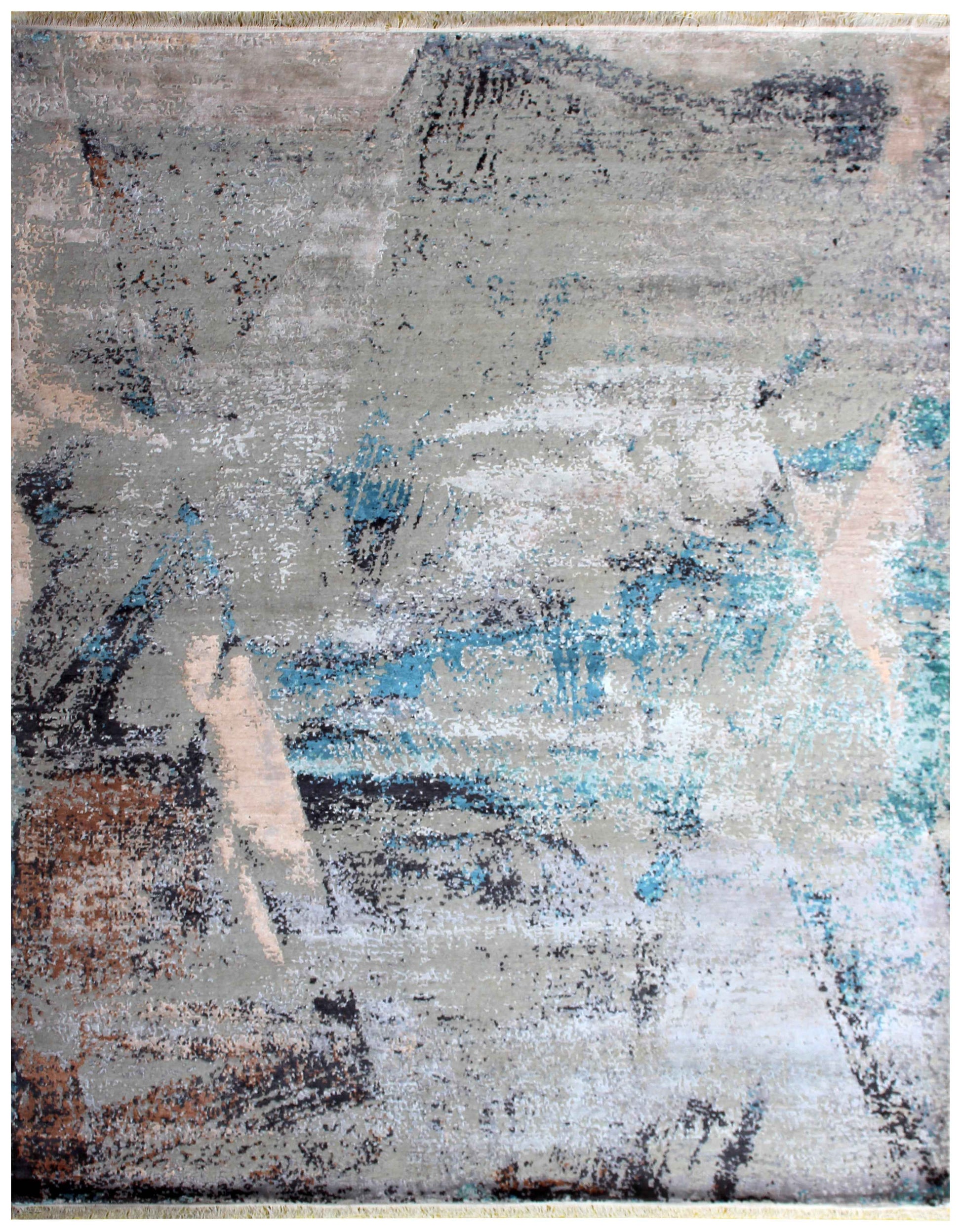 Silver Grey Teal Blue Charcoal Ivory Brown Gestural Modern Abstract Hand Knotted Wool Viscose 8x10 Bhadohi Area Rug