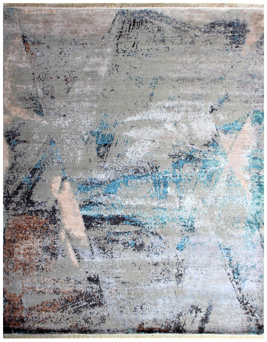 Silver Grey Teal Blue Charcoal Ivory Brown Gestural Modern Abstract Hand Knotted Wool Viscose 8x10 Bhadohi Area Rug