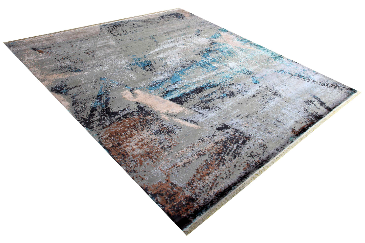 Silver Grey Teal Blue Charcoal Ivory Brown Gestural Modern Abstract Hand Knotted Wool Viscose 8x10 Bhadohi Area Rug