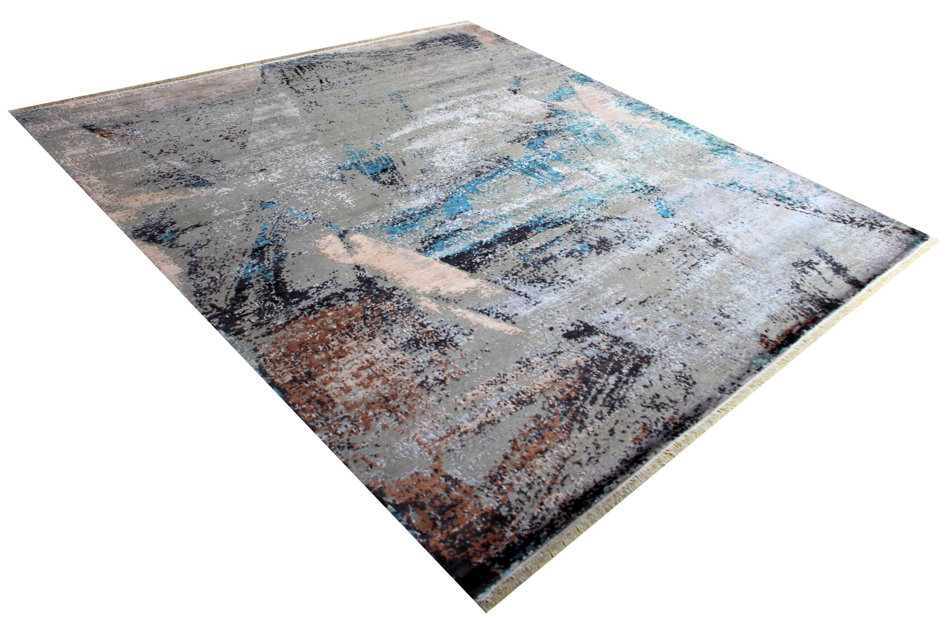 Silver Grey Teal Blue Charcoal Ivory Brown Gestural Modern Abstract Hand Knotted Wool Viscose 8x10 Bhadohi Area Rug